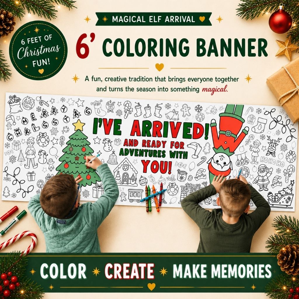 Elf Arrival Ideas, Christmas Elf Arrival, Elf Arrival Coloring Banner, Complement your 2026 Elf Kit with an Elf Arrival Giant Coloring Banner so your elf doesn’t just sit on the shelf. This Elf Arrival Banner is full of magic, Christmas themes to make your elf's arrival grand adventure. Check out our shop for a fun elfin adventures while waiting around for Santa in December! Child coloring a Christmas-themed picture with crayons in front of a decorated Christmas tree.