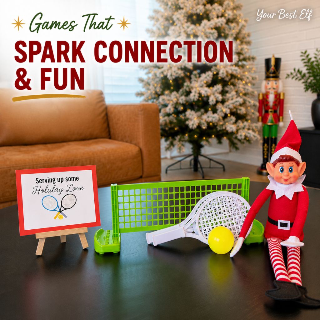 Elf Kit 2026 - A holiday-themed tabletop scene with a red-and-white Elf on the Shelf, a green mini tennis net, a yellow ball, and a small sign reading 'Serving up some Holiday Love.' A real living-room background is visible, including a couch, Christmas tree