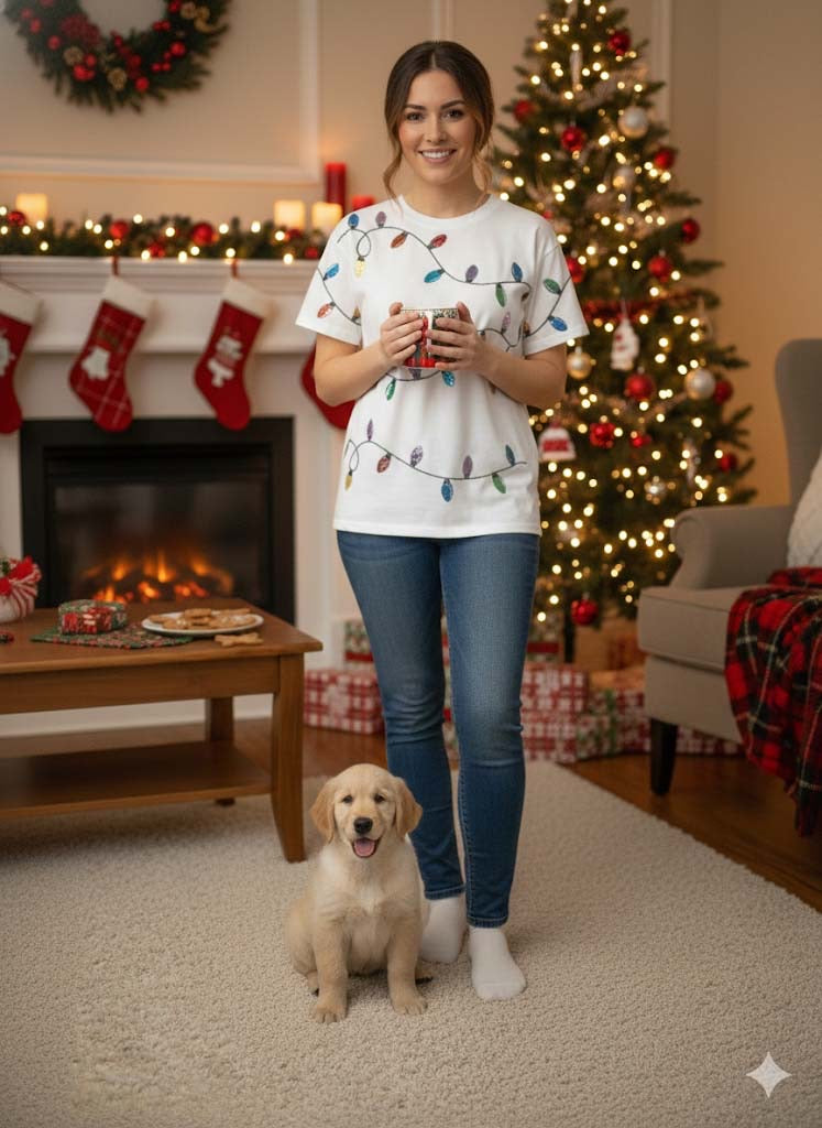 Christmas t-shirt, sequin t-shirt, holiday theme, party, front and back