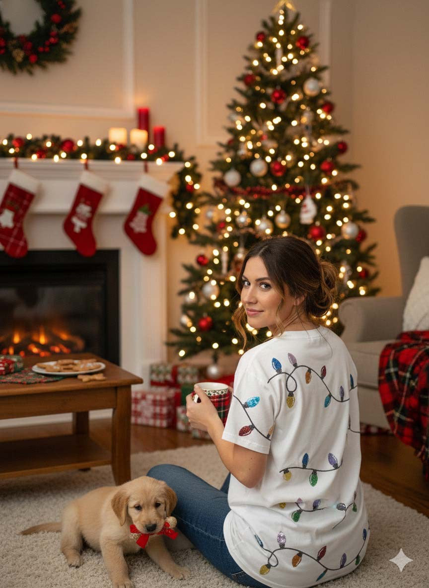 Christmas t-shirt, sequin t-shirt, holiday theme, party, front and back