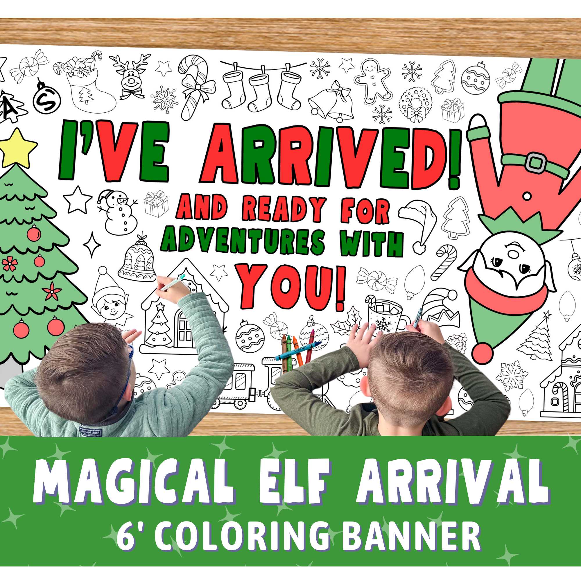Complement your Elf Kit 2025 with an Elf Arrival Giant Coloring Banner so your elf doesn’t just sit on the shelf. This Elf Arrival Banner is full of magic, christmas themes to make your elf's arrival grand adventure.  Check out our shop for a fun elfin adventures while waiting around for Santa in December! Coloring banner with Christmas-themed elements and text, featuring two children coloring.