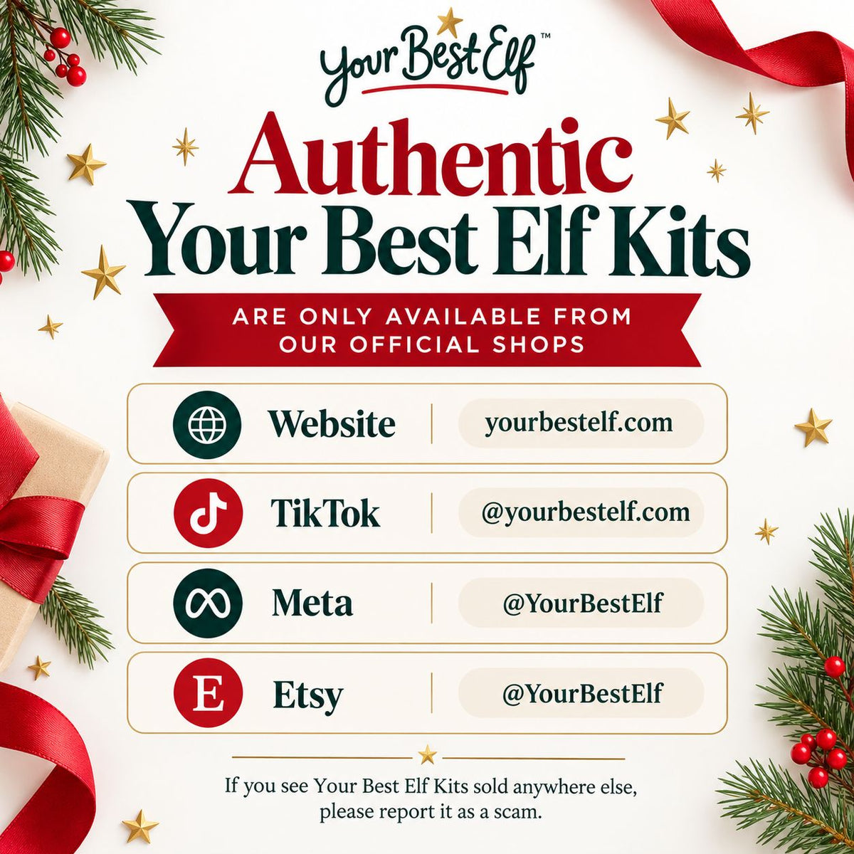 A promotional graphic for 'Your Best Elf Kits' with holiday-themed borders including pine branches, red ribbons, and gold stars on a white background. The text states the kits are only available from official shops and lists website, TikTok, Meta, and Etsy contact information under yourbestelf.