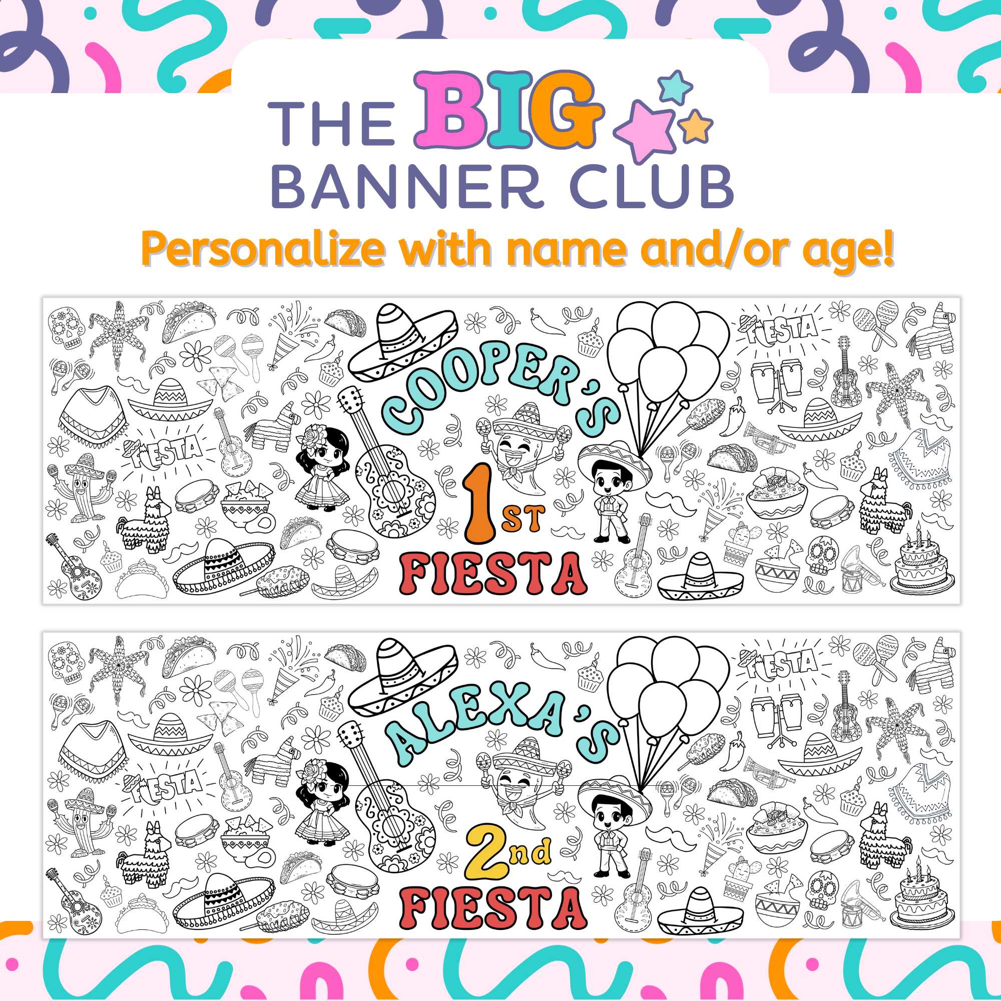 birthday fiesta party decoration tablecloth table runner giant coloring banner personalize custom large spanish mexican birthday cinco de may party