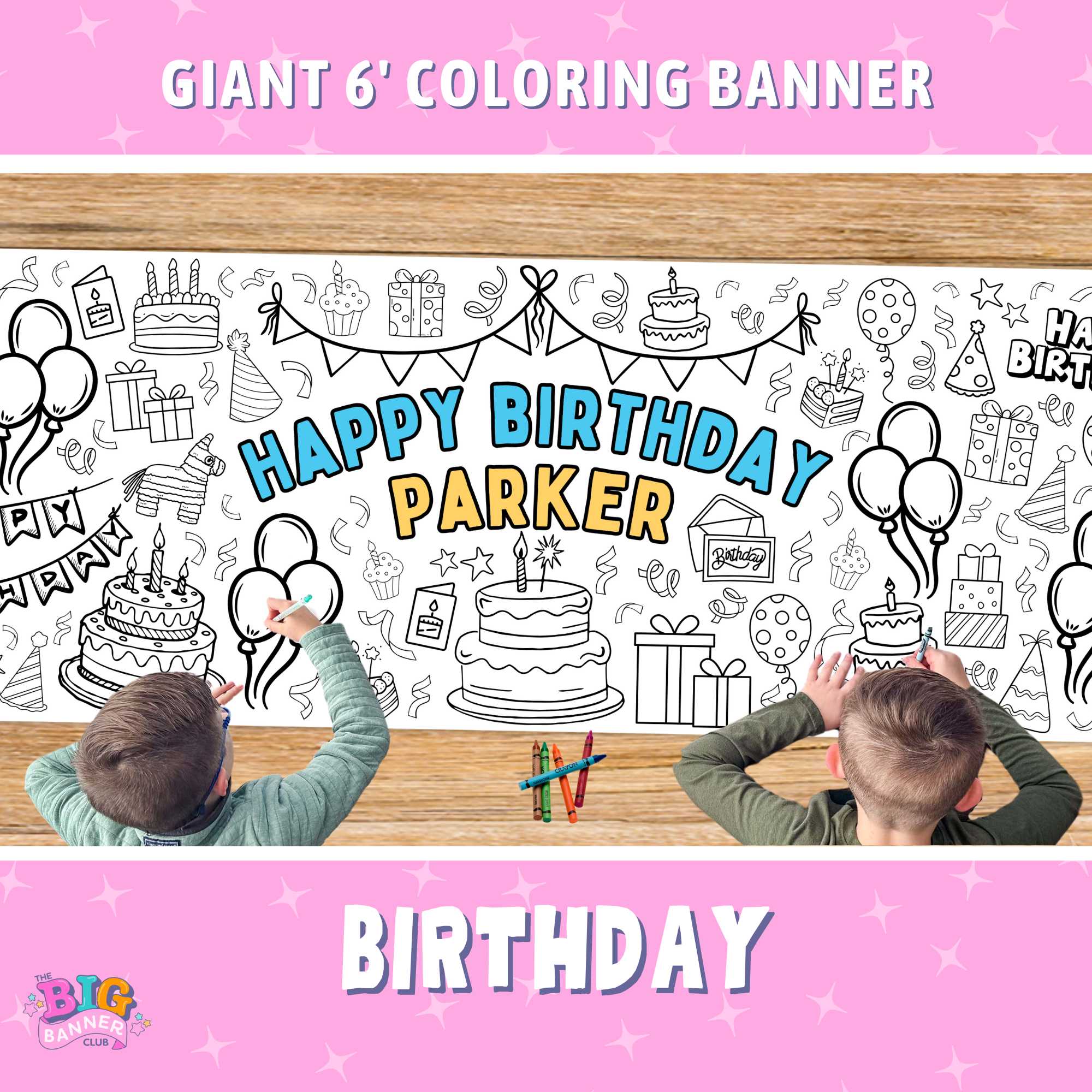 birthday party decoration tablecloth personalize coloring banner giant custom customized crayon marker pencils balloons cake cupcakes birthday party paper table runner