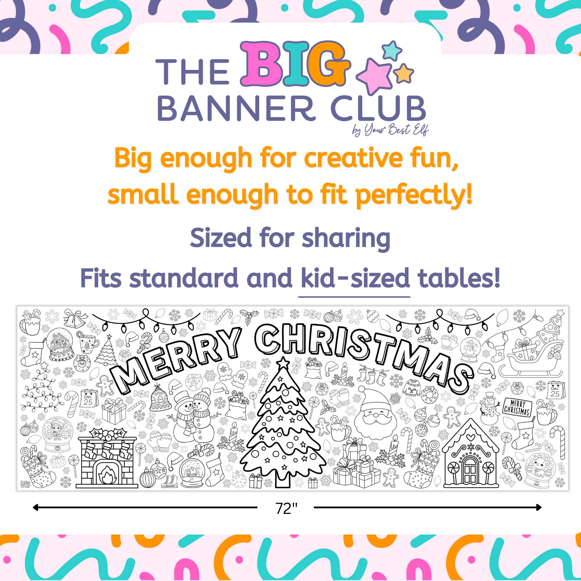 christmas, giant coloring banner, large paper tablecloth, paper table runner, merry christmas, santa, reindeer, christmas tree, snowman, snowflak, Christmas-themed designs and children interacting with it.
