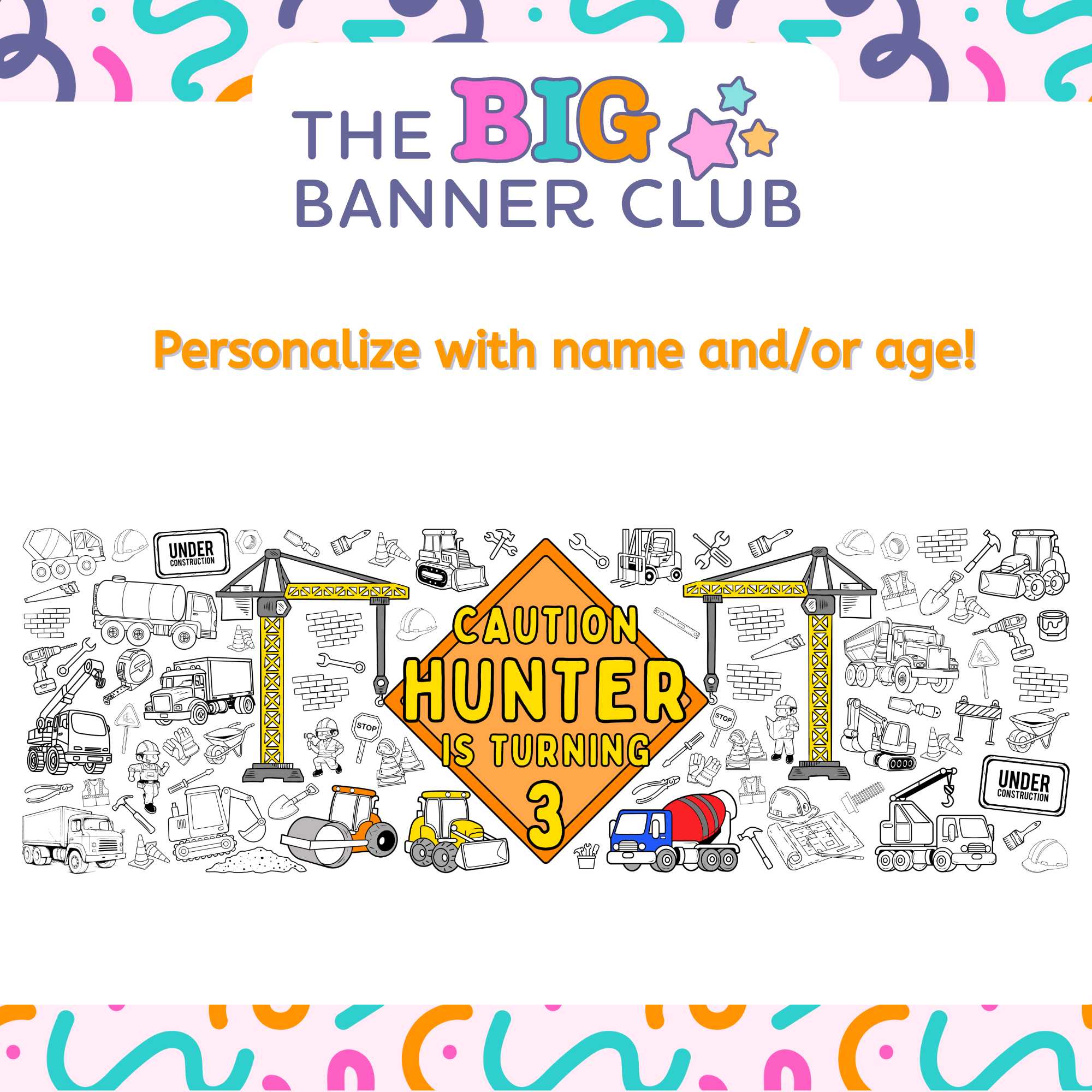 construction dump truck birthday party decor giant coloring banner custom personalize giant large crane construction sign truck decoration kids tablecloth table runner