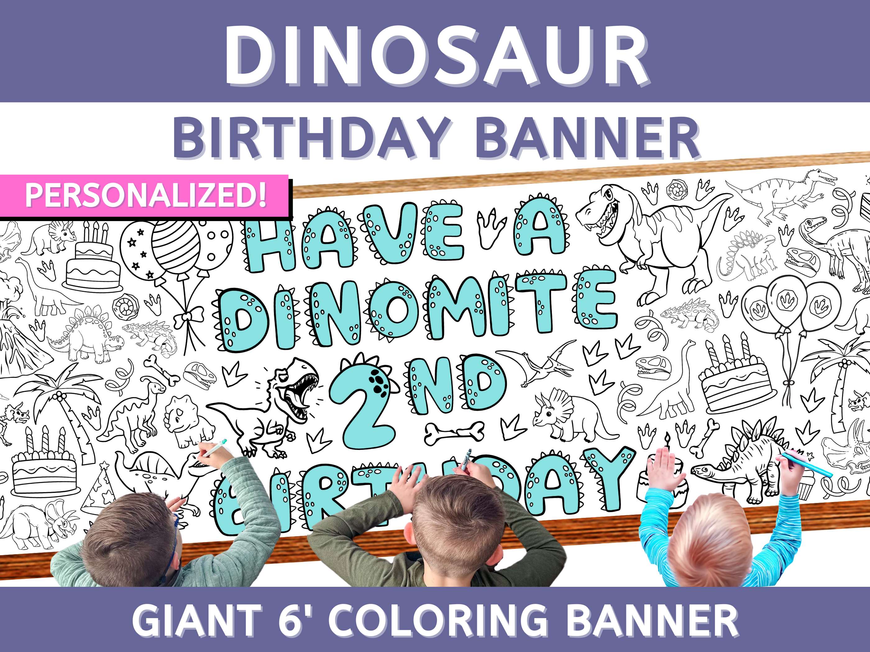 Dinosaur Birthday Coloring Banner Personalized