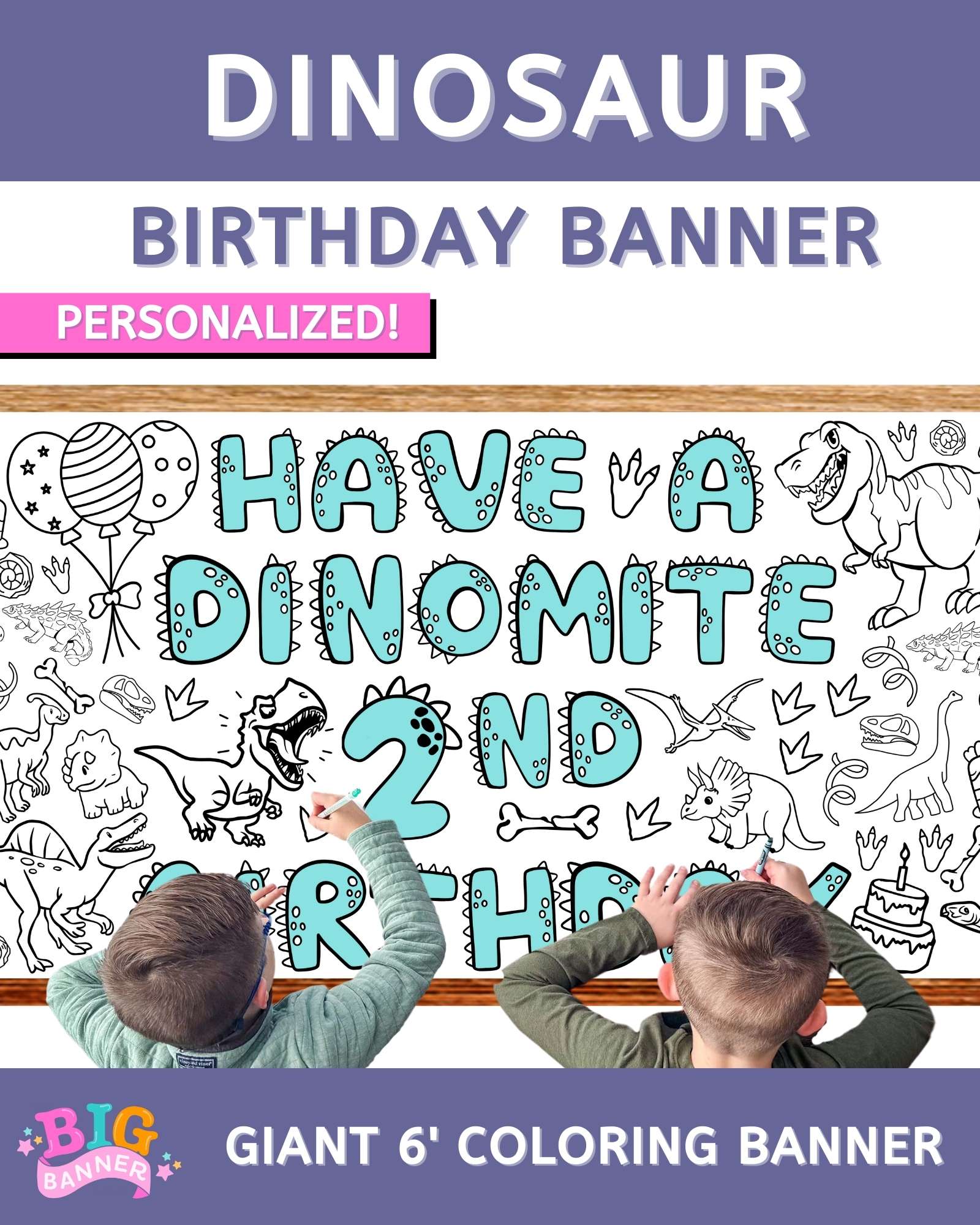 Dinosaur Birthday Coloring Banner Personalized