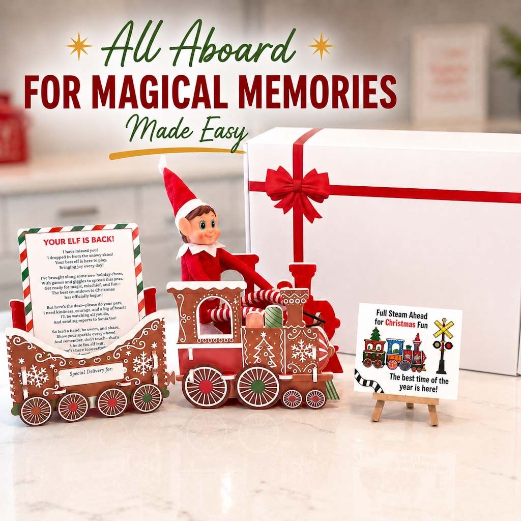 2026 Elf Kit, Christmas-themed product set with an elf on a train, gift box, and signs on a white surface.