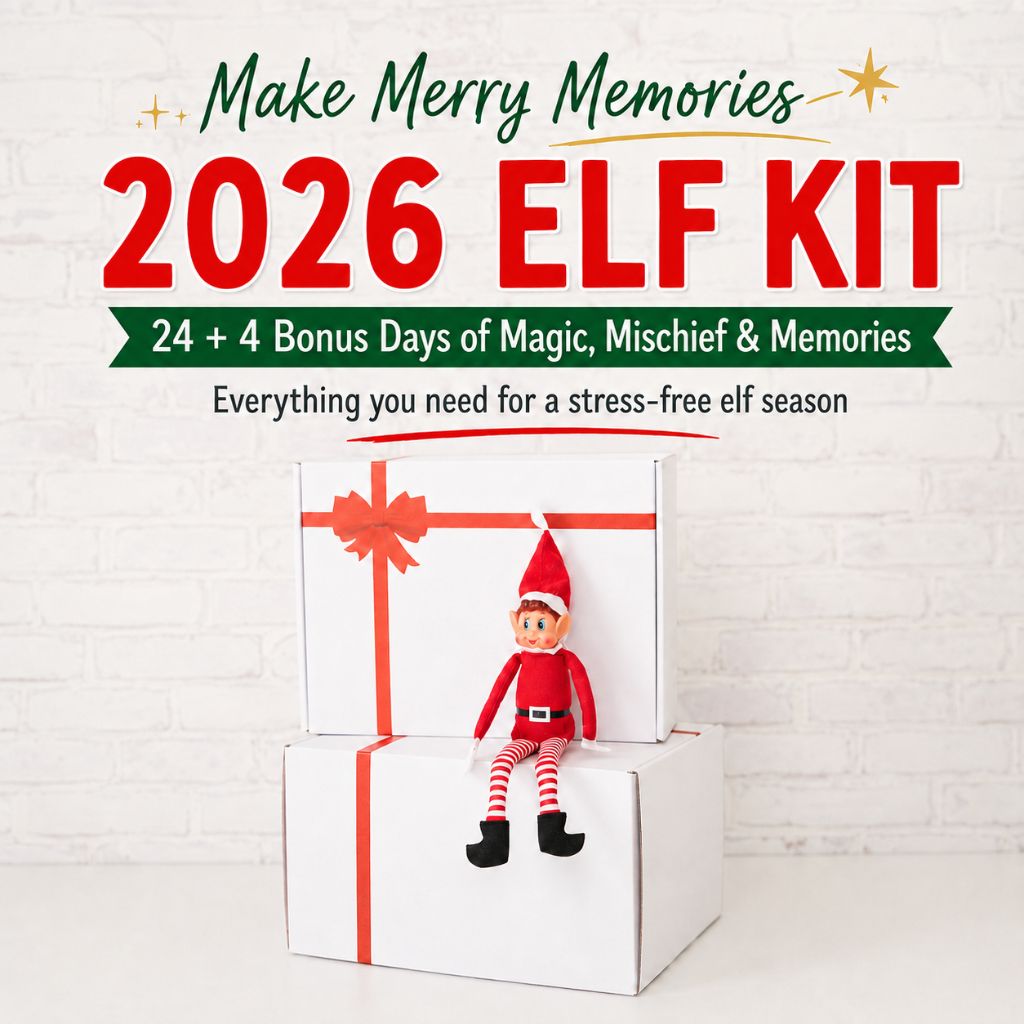 Elf Kit 2026 - 24 Day Elf Kits so it doesn’t just sit on the shelf. This Elf Kit is full of magic, mischief, and ideas for your elf adventures this Christmas season. It includes a host of crafty ideas and games for all ages so they can image that arrival! Check out our shop for a fun elfin adventures while waiting around for Santa in December! Elf Kit White box with red bow