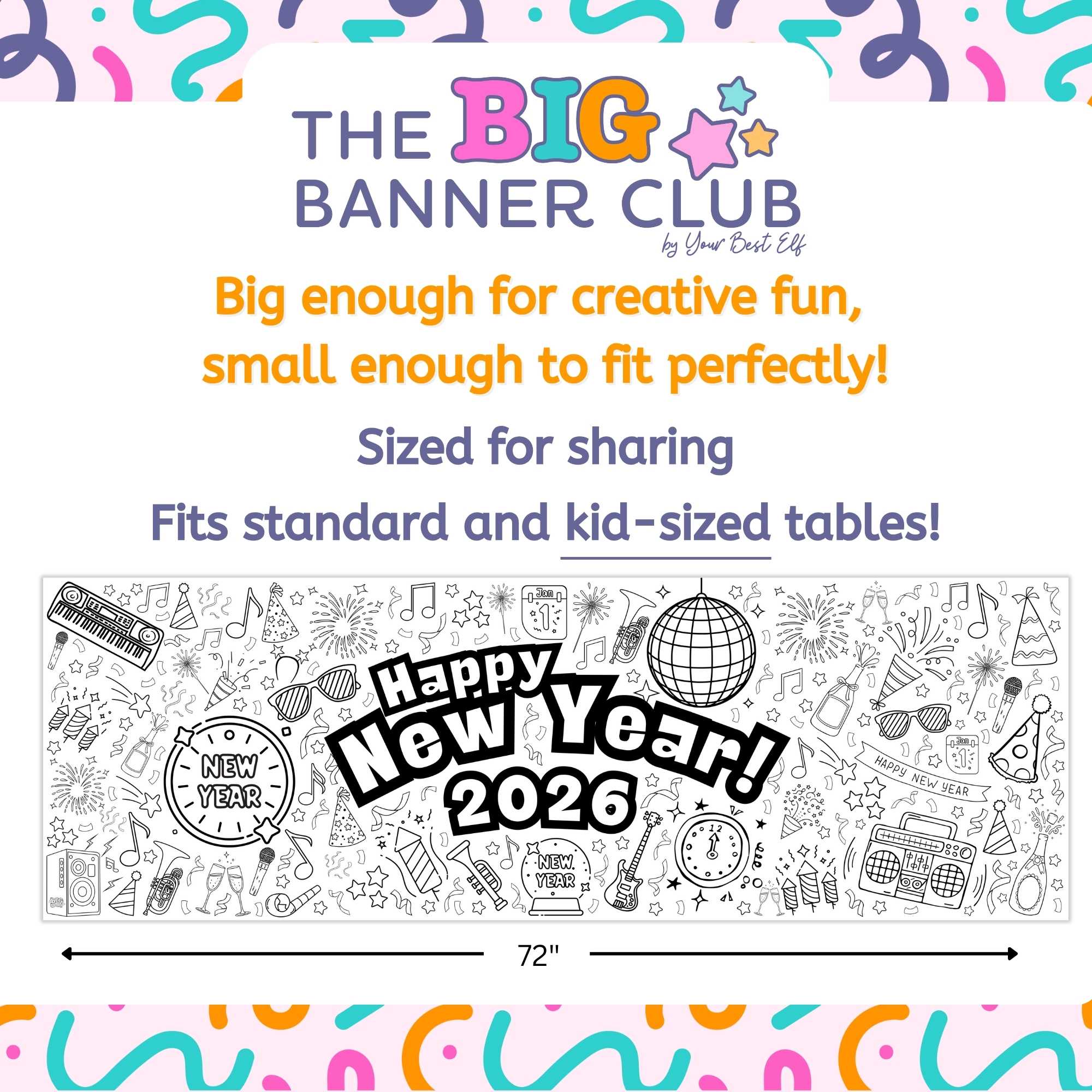 happy new year 2026, giant coloring banner, large paper tablecloth, table runner, kids, activity, screen-free, party-decoration, decor, Colorful 'Happy New Year 2026' banner with children coloring, featuring decorative elements like a disco ball and party hats.