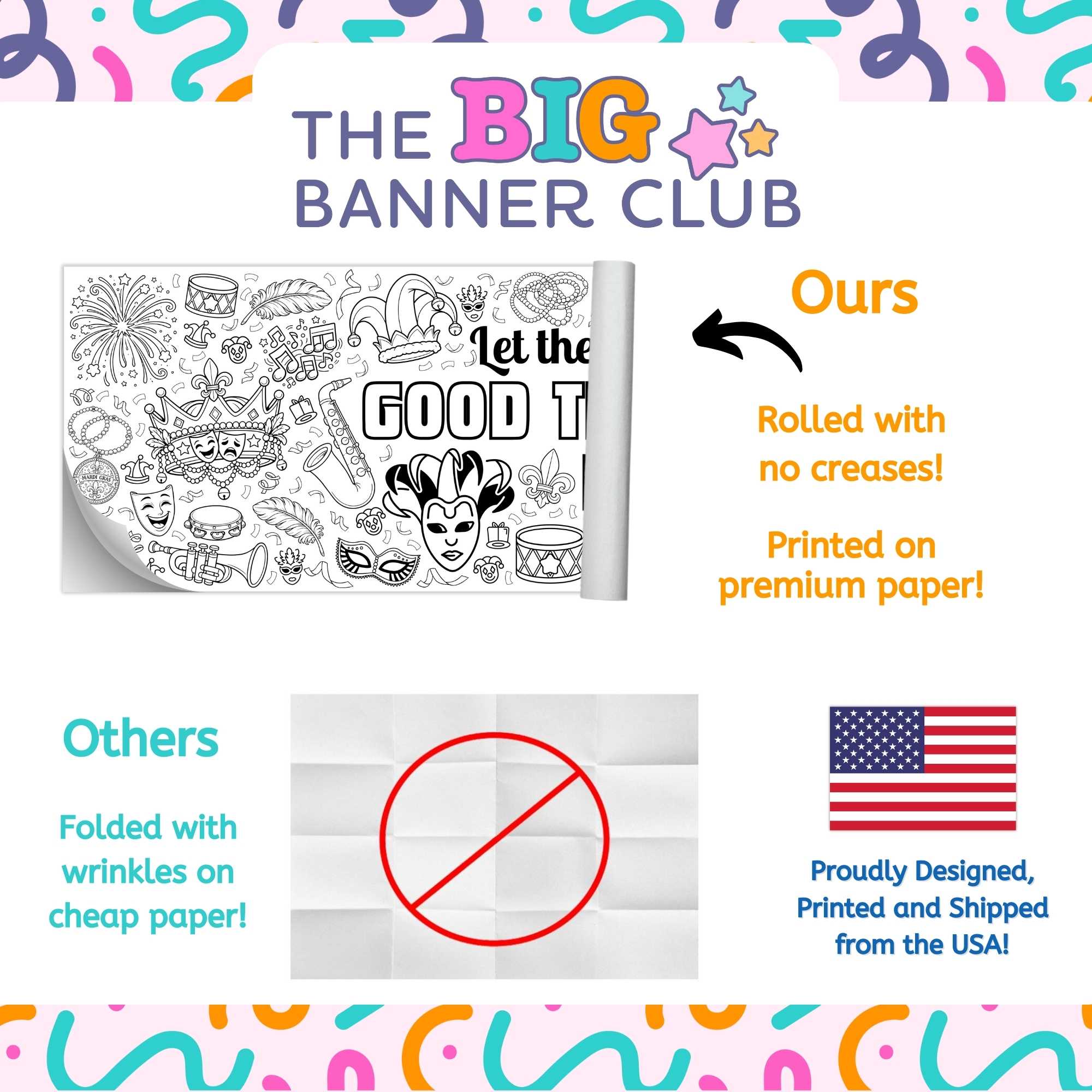 Mardi Gras-themed coloring banner with children coloring, text 'Let the Good Times Roll', fat tuesday, carvnial, large, jumbo, tablecloth, table runner, poster