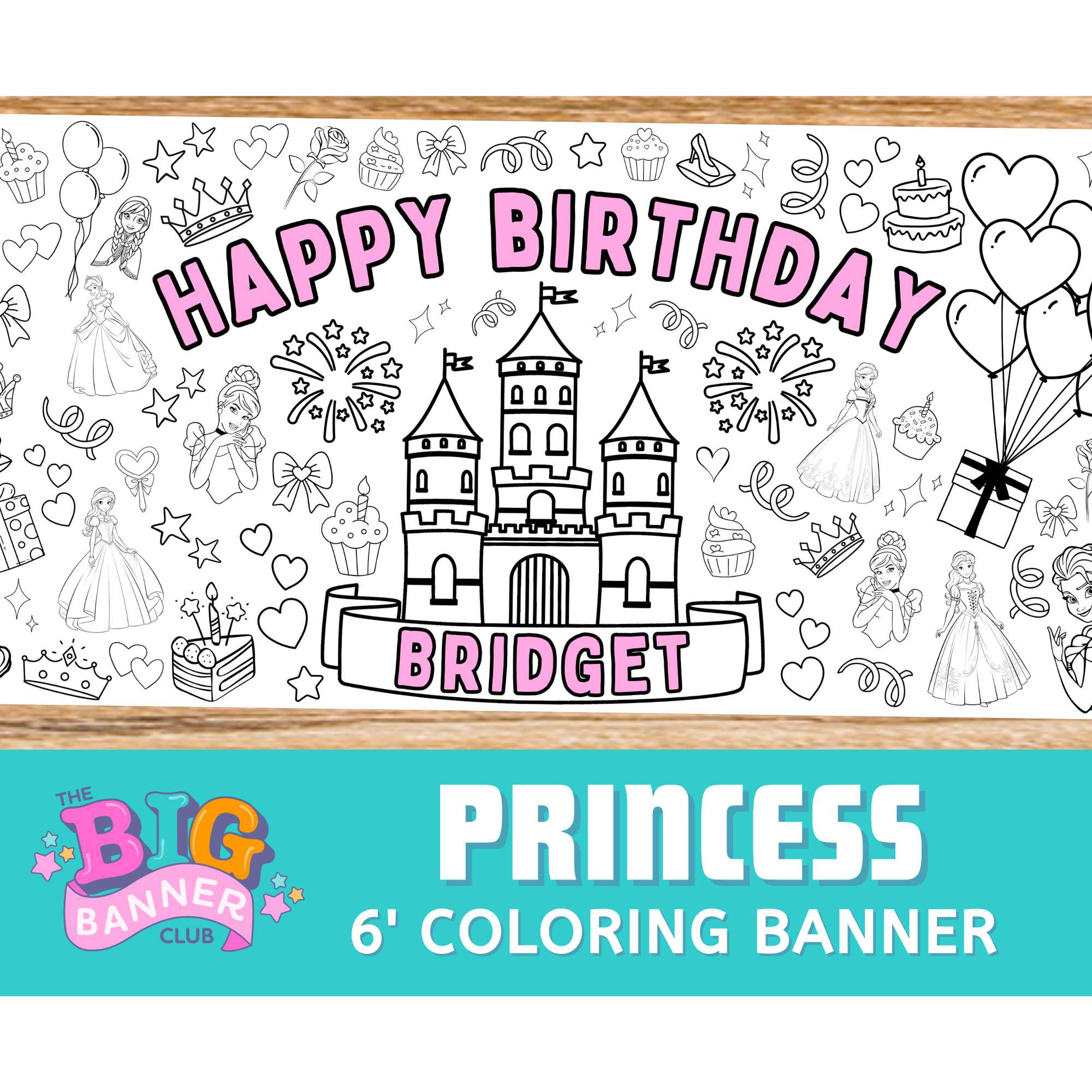 princess birthday party decoration giant coloring banner personalize custom large 6 foot long tablecloth table runner belle kids activity