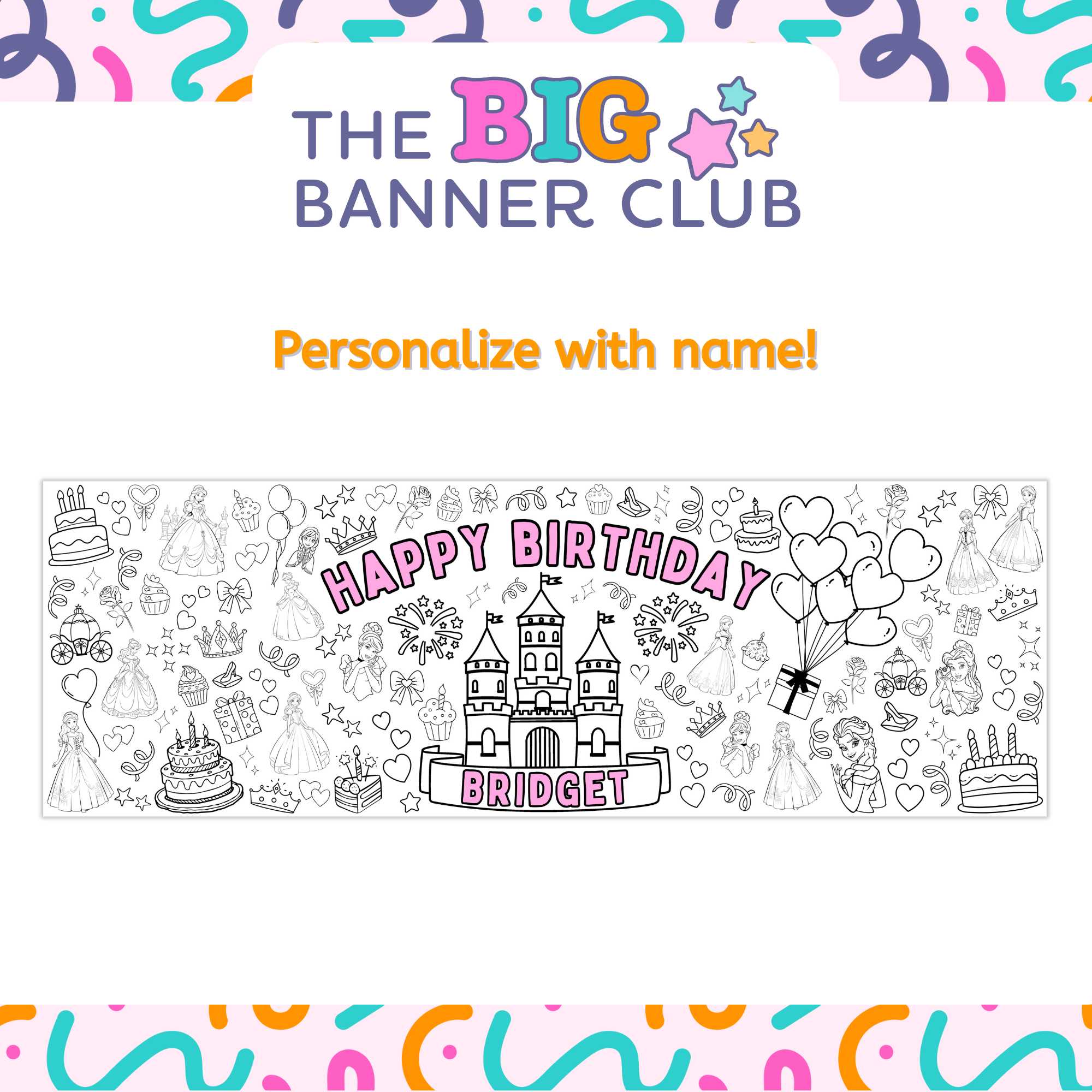 princess birthday party decoration giant coloring banner personalize custom large 6 foot long tablecloth table runner belle kids activity
