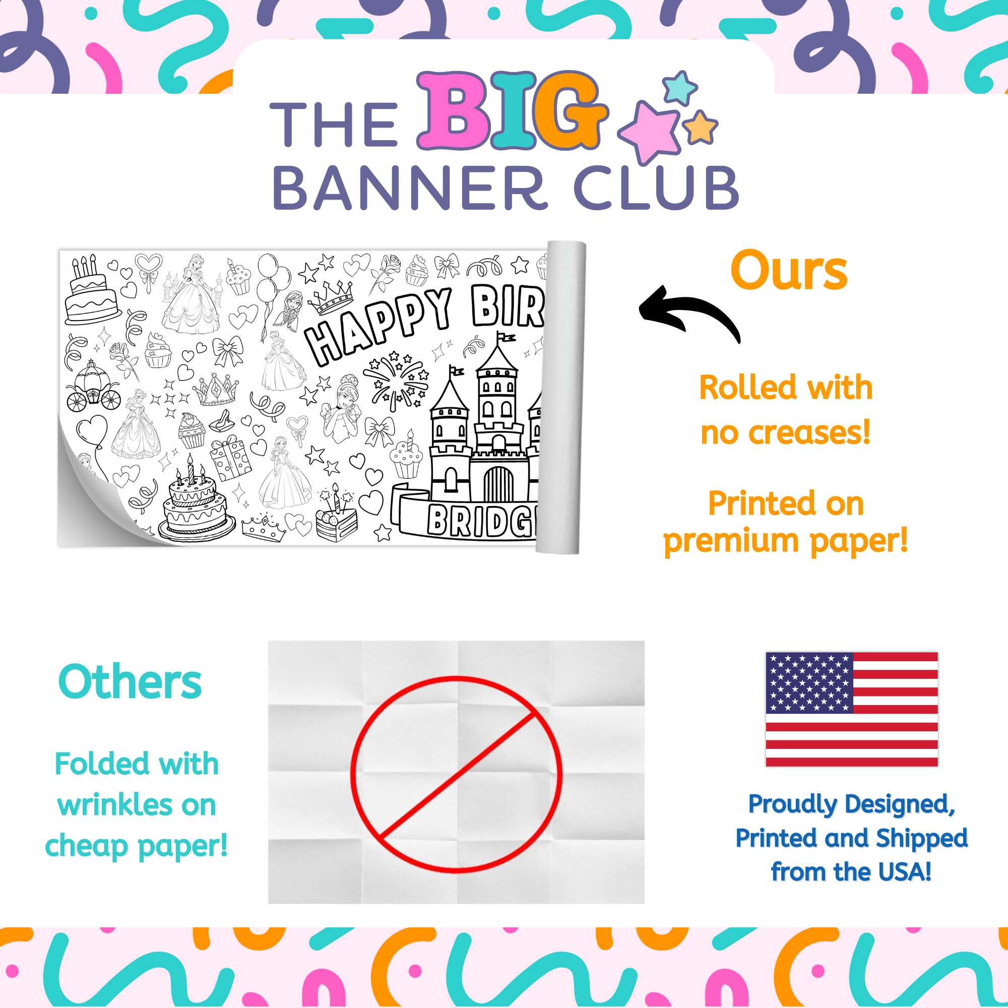 princess birthday party decoration giant coloring banner personalize custom large 6 foot long tablecloth table runner belle kids activity