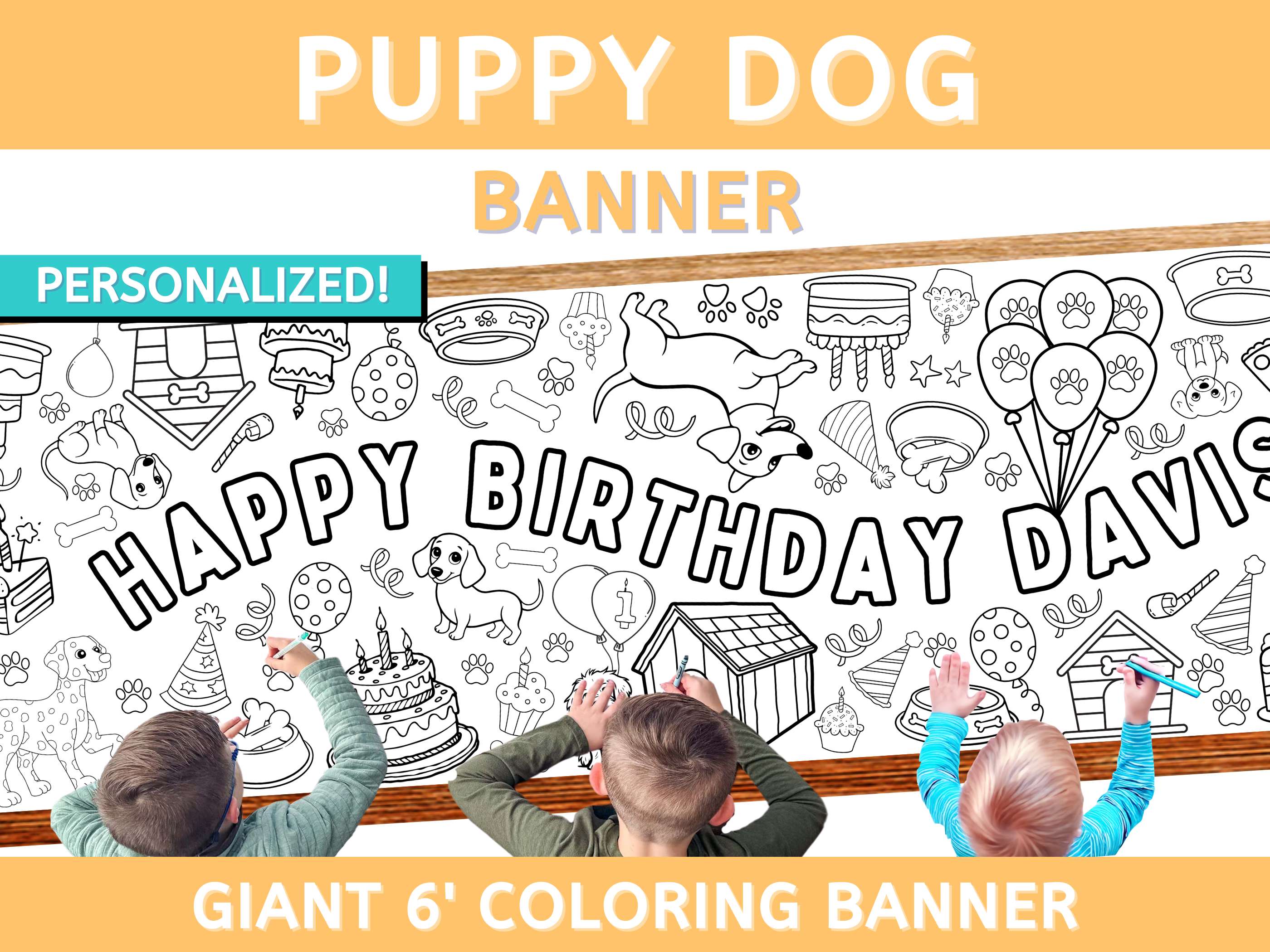 puppy dogs birthday giant coloring banner custom giant personalize happy birthday big banner club table runner paper tablecloth