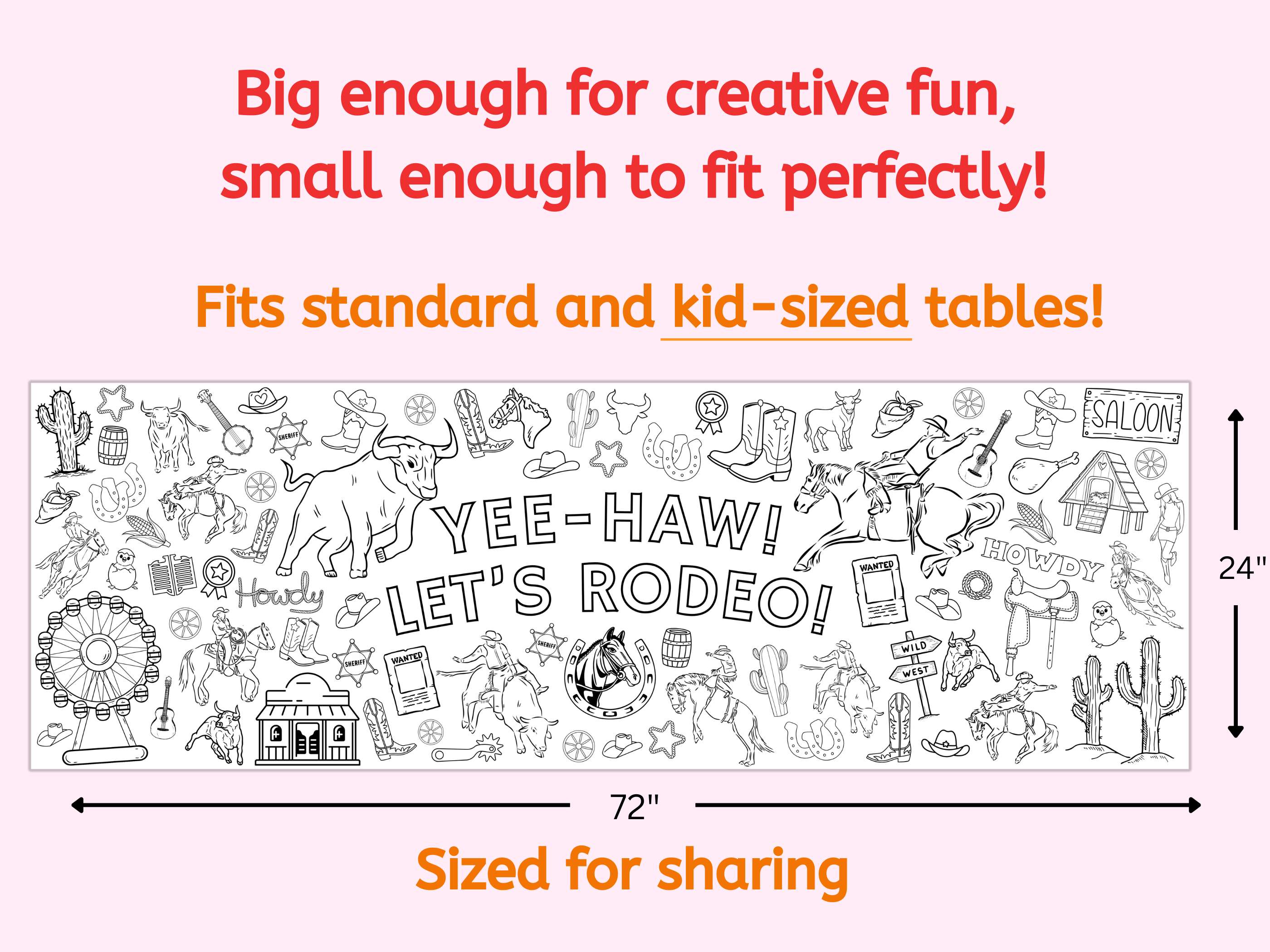 Rodeo Cowboy Giant Coloring Banner | Bull Cowgirl Table Runner Tablecloth Kids