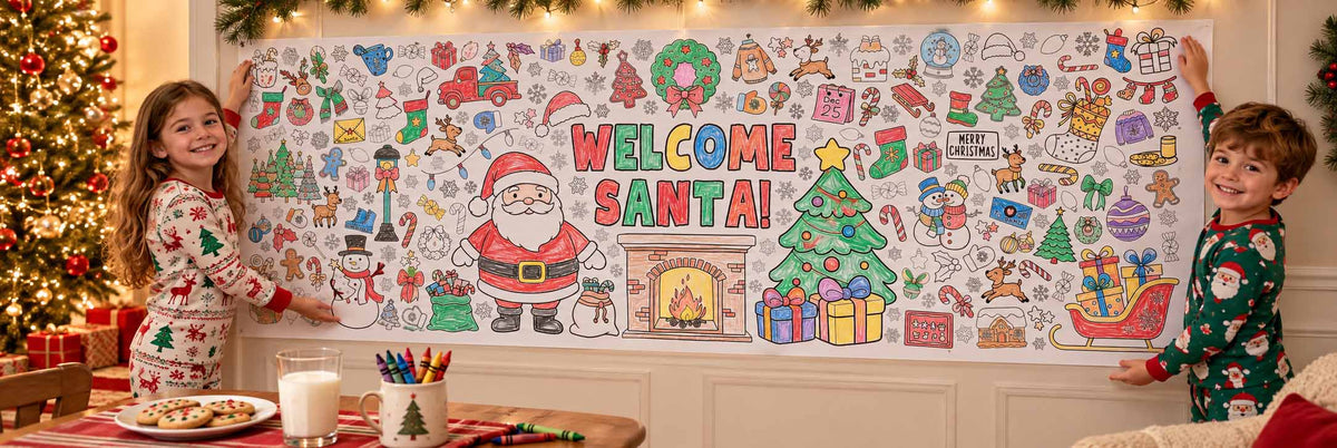 Two children in Christmas pajamas hold up a large personalized Christmas canvas print in a decorated holiday room. The canvas features a colorful hand-drawn illustration of Santa Claus, a Christmas tree, gifts, and the words 'WELCOME SANTA!'. A great kids Christmas eve activity and way to generate excitement for Santa's arrival in welcoming Santa on Christmas day!