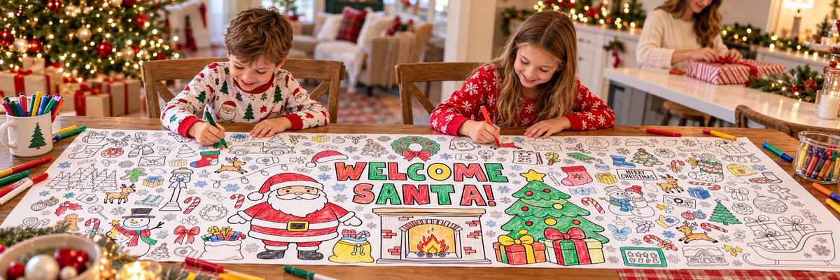 Two children sitting at a table coloring in a large, festive 'Welcome Santa' Christmas coloring book or art kit, surrounded by holiday decorations, gifts, and other children in the background. A great way great Christmas Eve kids activity and idea to welcome Santa!