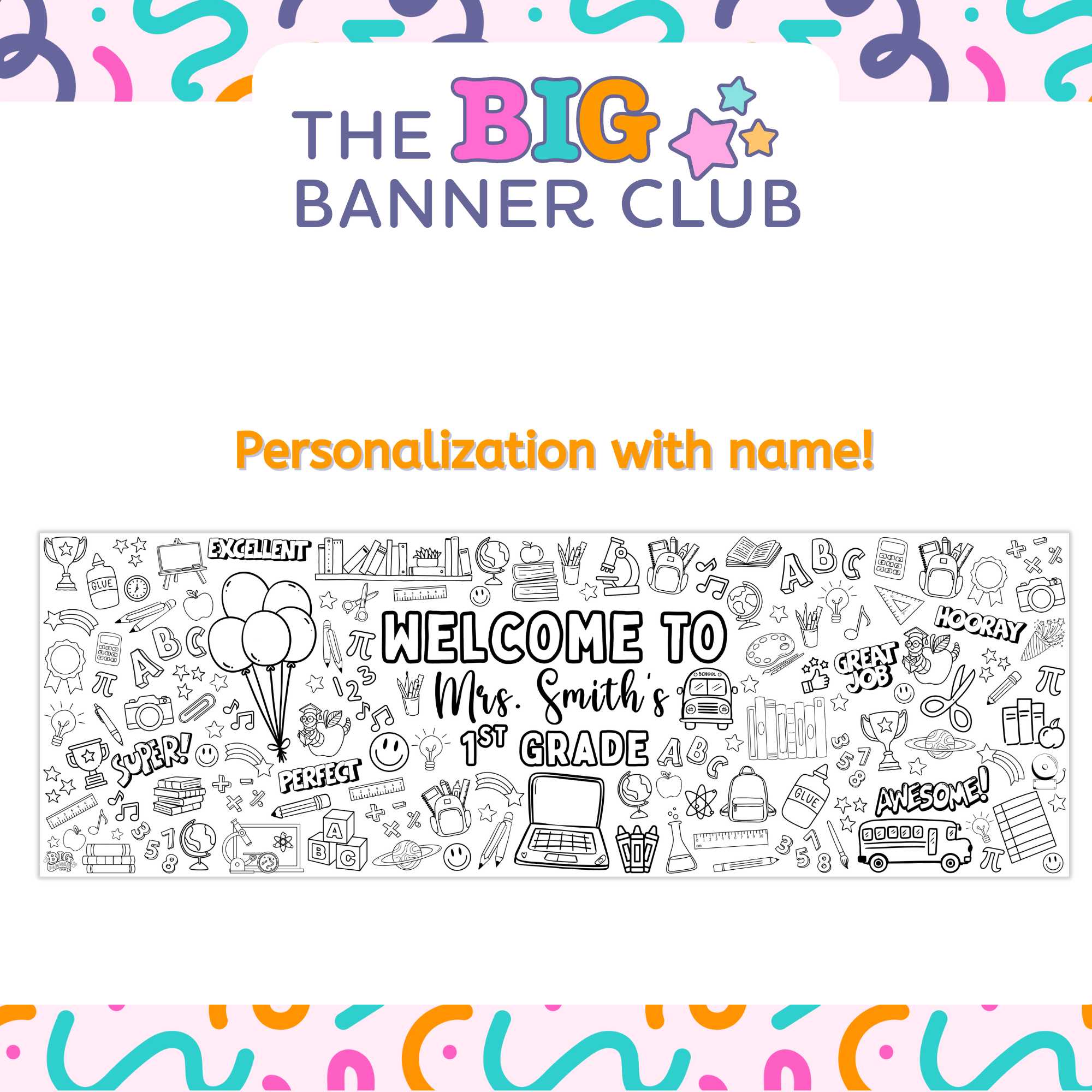 school teacher appreciation, back to school, school classroom, gift giant coloring banner, classroom decoration, custom personalized name, big banner with busy class images, expression of tiny kids, screen free classroom activity