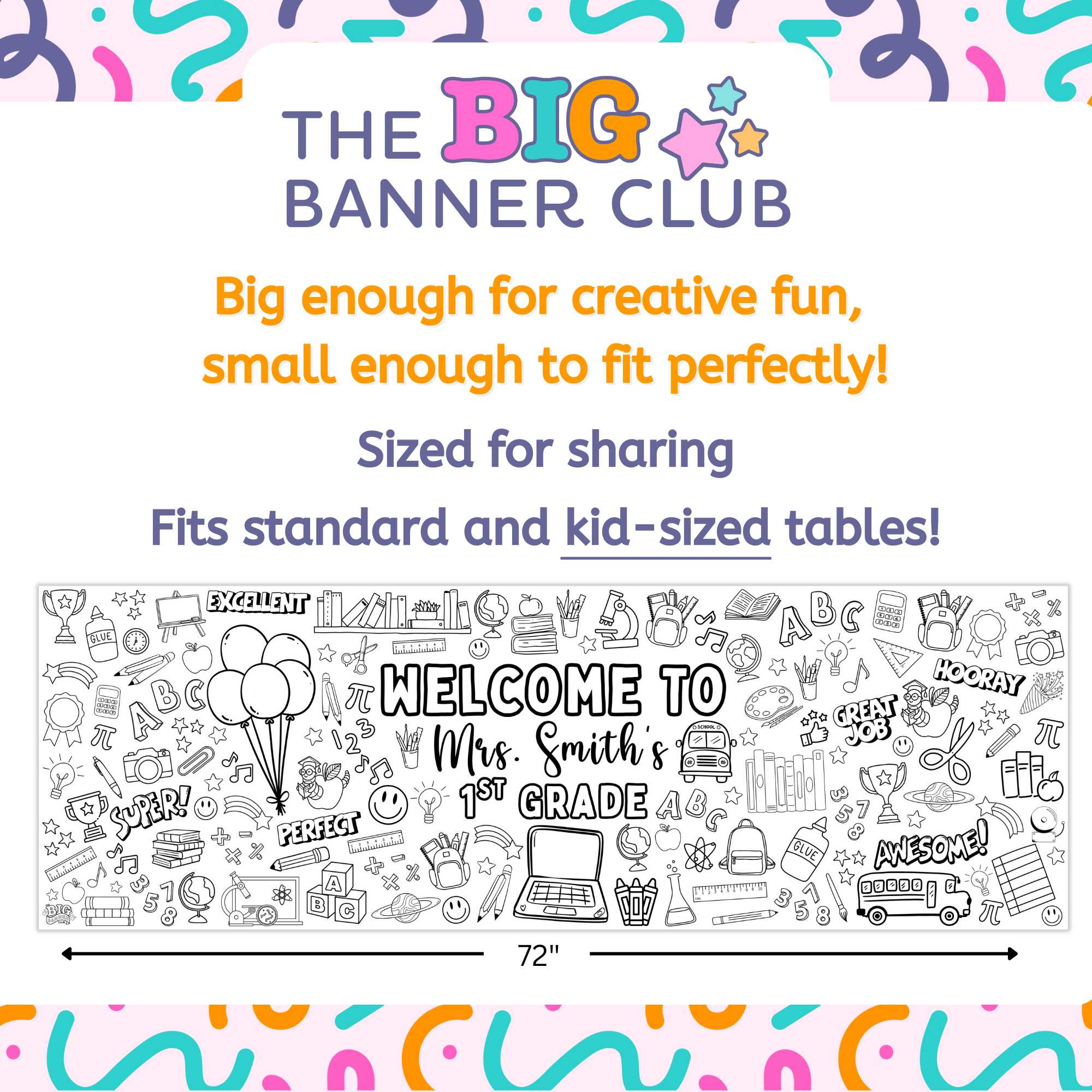 school teacher appreciation, back to school, school classroom, gift giant coloring banner, classroom decoration, custom personalized name, big banner with busy class images, expression of tiny kids, screen free classroom activity