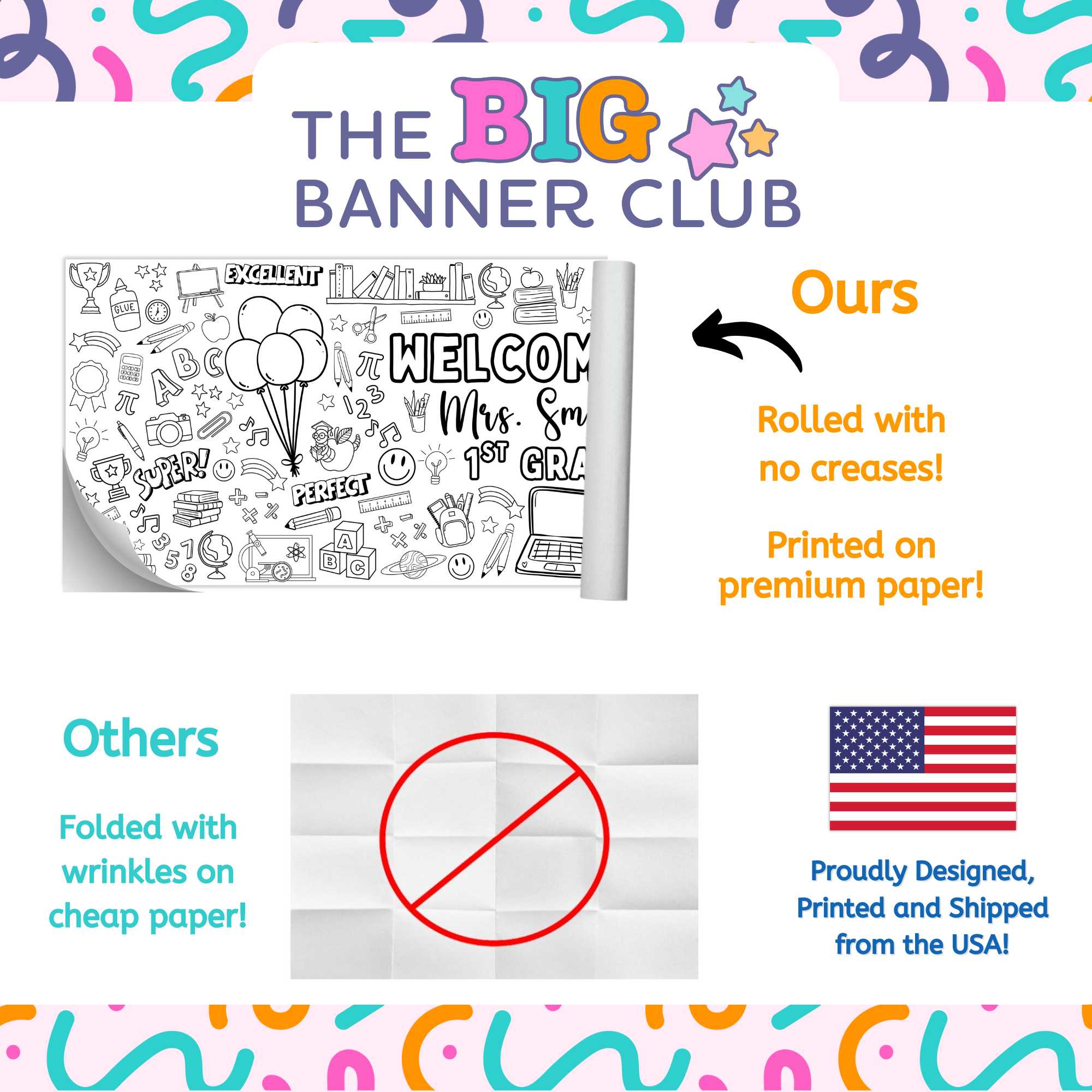 school teacher appreciation, back to school, school classroom, gift giant coloring banner, classroom decoration, custom personalized name, big banner with busy class images, expression of tiny kids, screen free classroom activity