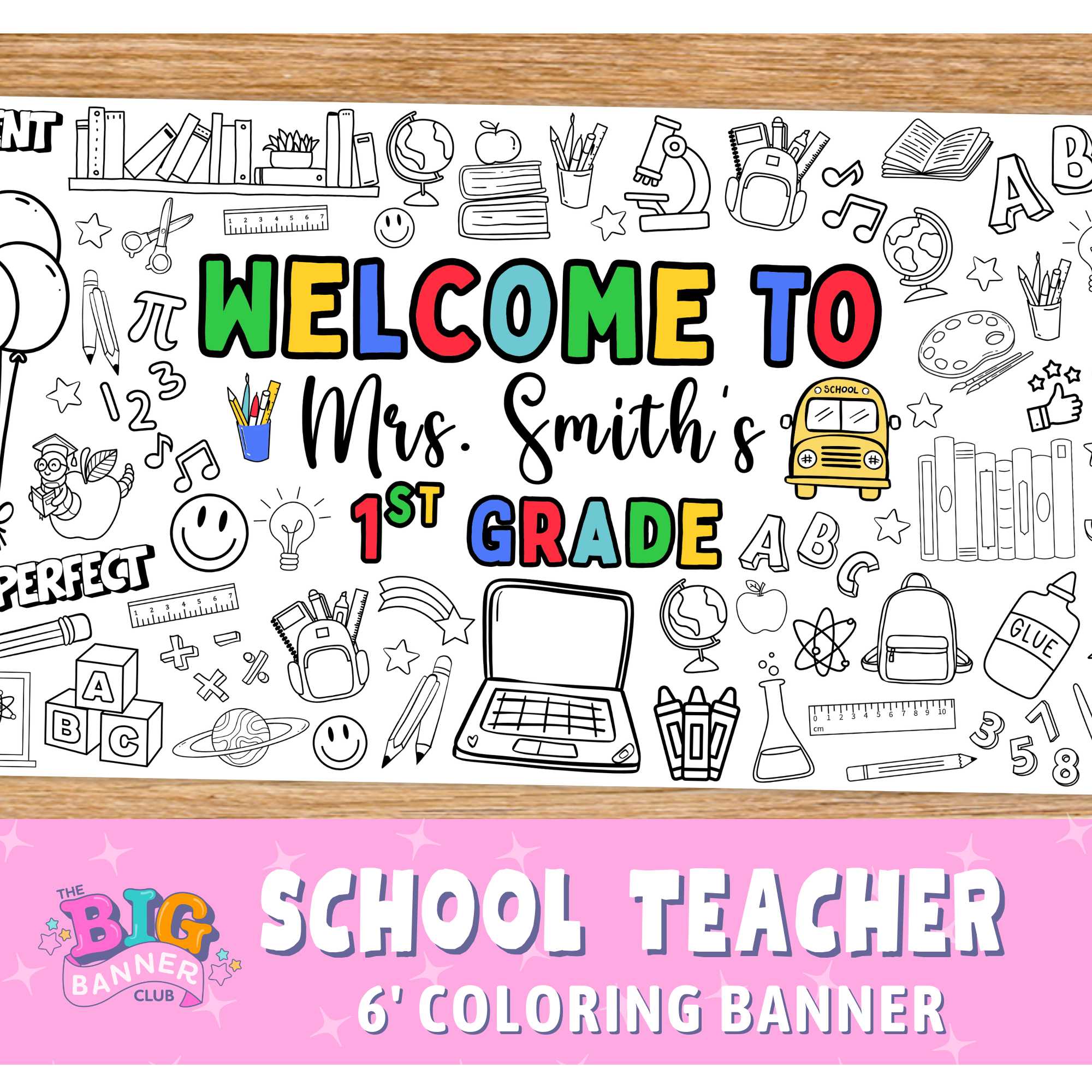 school teacher appreciation, back to school, school classroom, gift giant coloring banner, classroom decoration, custom personalized name, big banner with busy class images, expression of tiny kids, screen free classroom activity