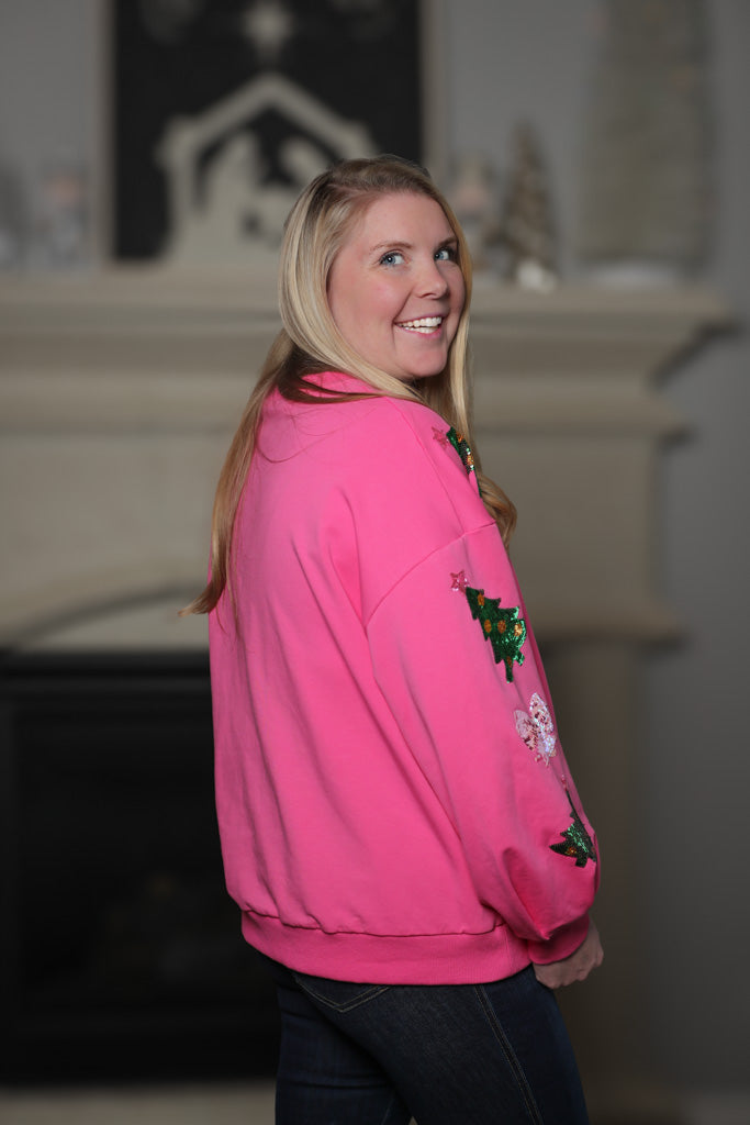 sparkle like a queen pink bow christmas tree sequin sweatshirt
