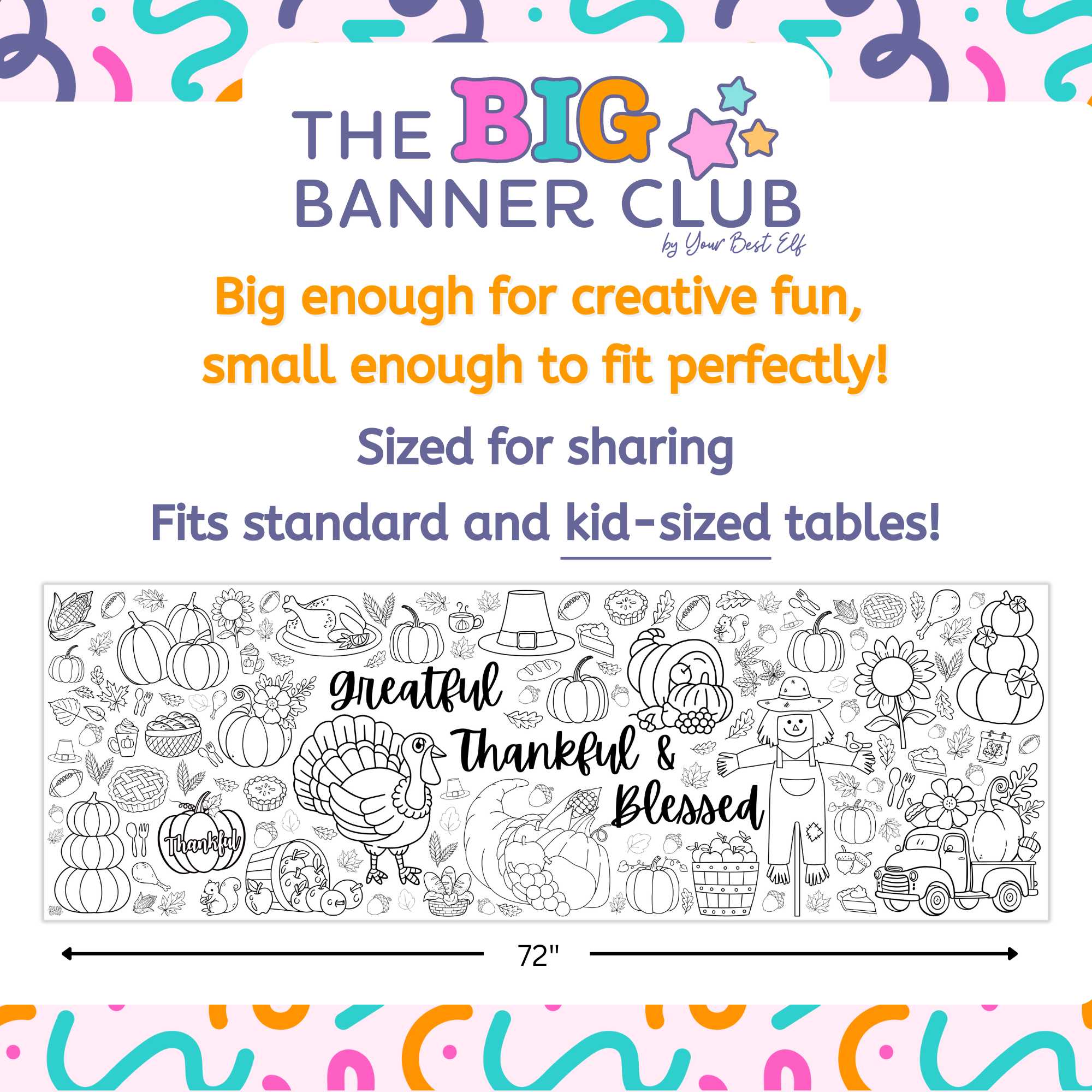 thanskgiving, giant, coloring banner, large paper tablecloth table runner, happy thanksgiving, greatful, thankful, blessed, turkey, scarecrow, pumpkins, Coloring banner with Thanksgiving-themed illustrations and text, featuring children coloring.