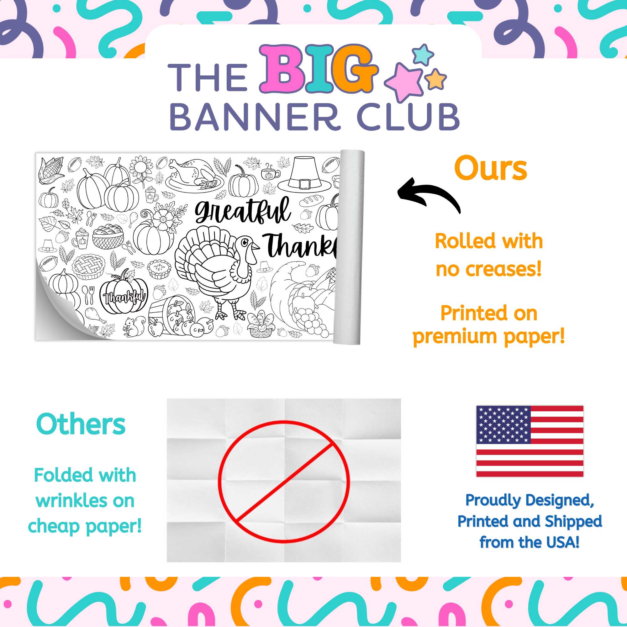 thanskgiving, giant, coloring banner, large paper tablecloth table runner, happy thanksgiving, greatful, thankful, blessed, turkey, scarecrow, pumpkins, Coloring banner with Thanksgiving-themed illustrations and text, featuring children coloring.