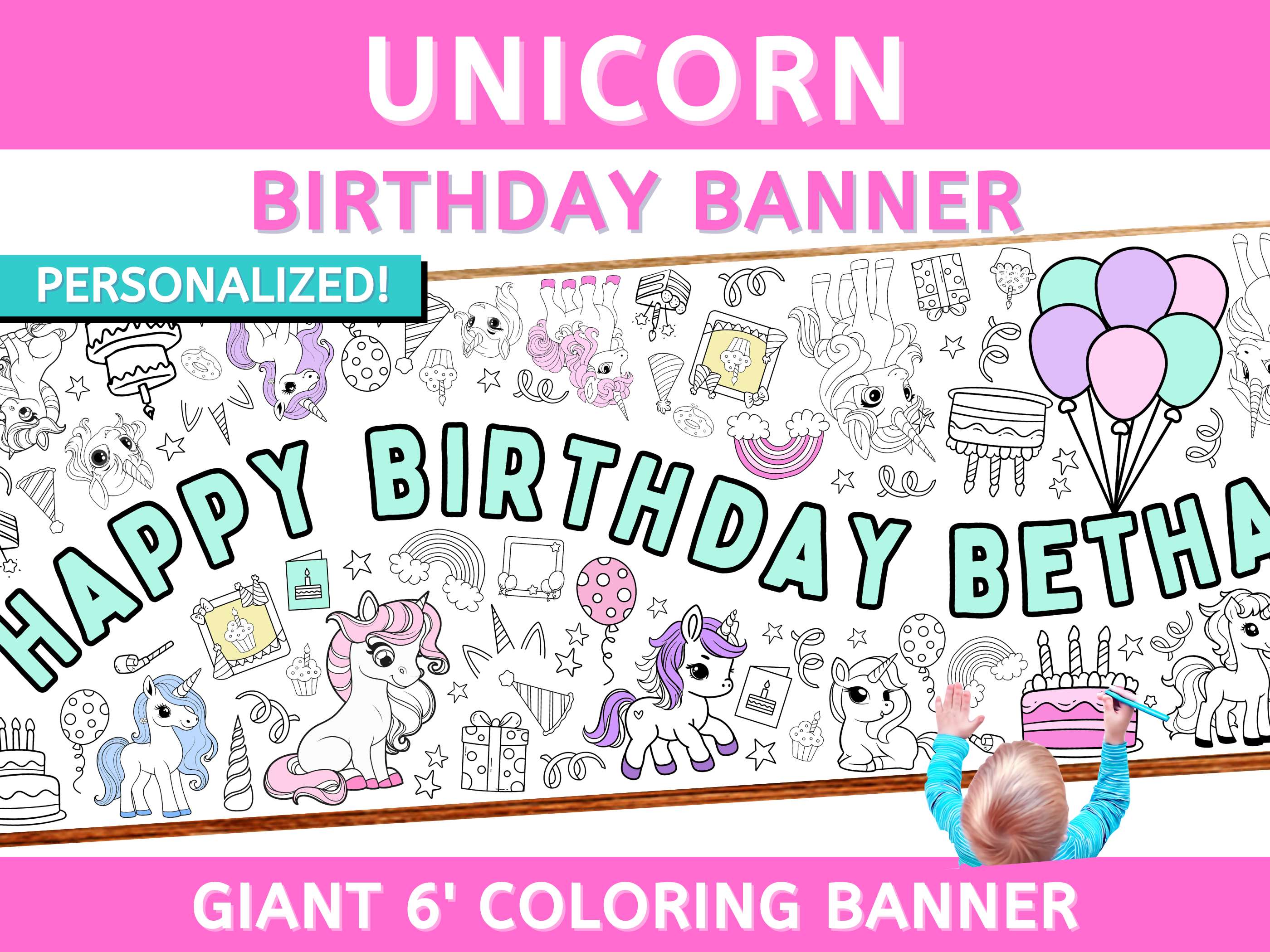 unicorn rainbow magic birthday giant coloring banner custom giant personalize happy birthday big banner club table runner paper tablecloth