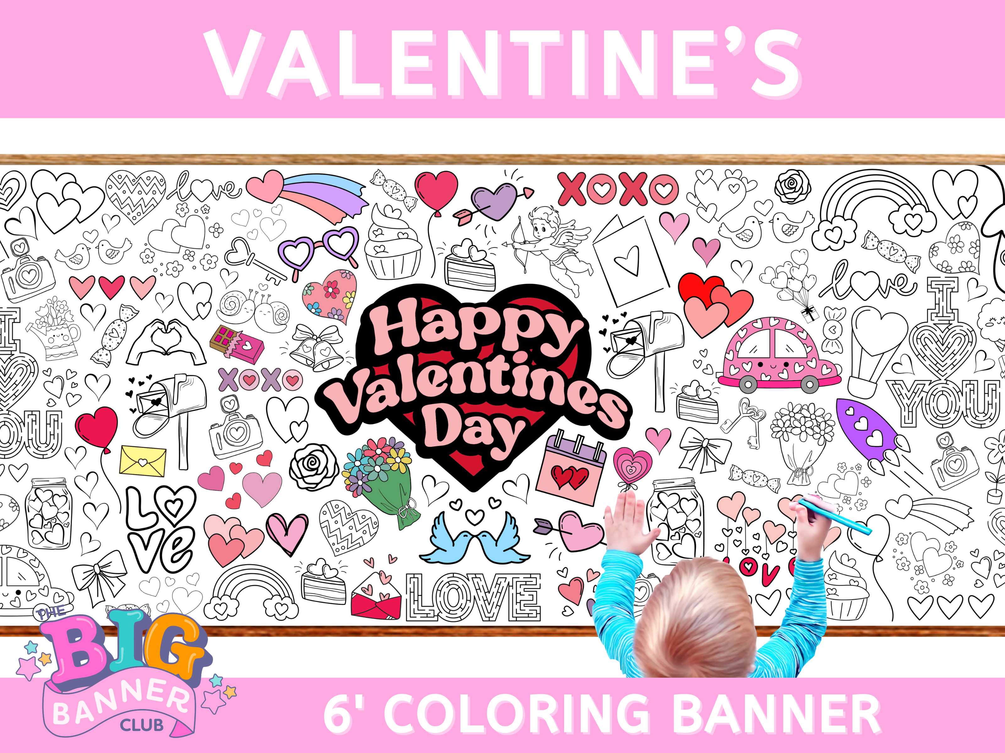 valentine party decoration coloring banner giant crayon paper tablecloth table runner kids happy valentine's day activity