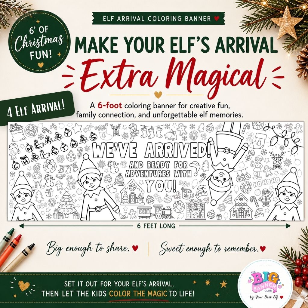 Elf Arrival Ideas, Christmas Elf Arrival, Elf Arrival Coloring Banner, Complement your 2026 Elf Kit with an Elf Arrival Giant Coloring Banner so your elf doesn’t just sit on the shelf. This Elf Arrival Banner is full of magic, Christmas themes to make your elf's arrival grand adventure.  Check out our shop for a fun elfin adventures while waiting around for Santa in December!  Child coloring a Christmas-themed picture with crayons in front of a decorated Christmas tree.
