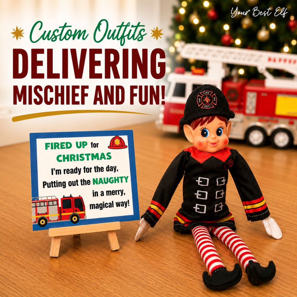 2026 Elf Kit - A Christmas-themed mischievous elf doll dressed in a black firefighter outfit with red and white striped legs, posed next to a small sign on a wooden surface. A toy fire truck is blurred in the background, and large promotional text at the top reads 'Custom Outfits DELIVERING MISCHIEF AND FUN!'.