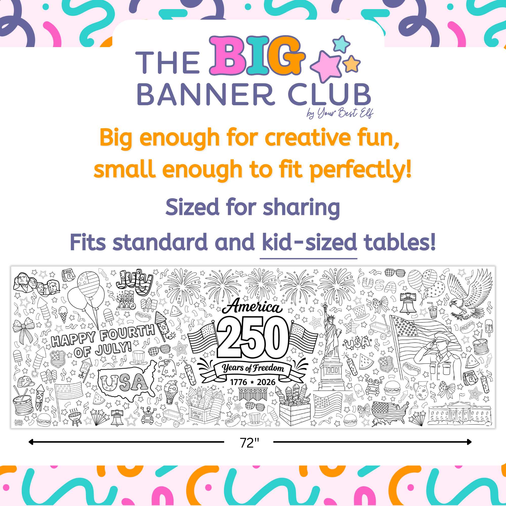 4th of July coloring banner, America 250 celebration ideas, patriotic kids activity, Independence Day party decor, giant coloring poster, USA birthday 250, July 4th family activities, patriotic coloring activity, classroom July 4th craft, large coloring banner kids