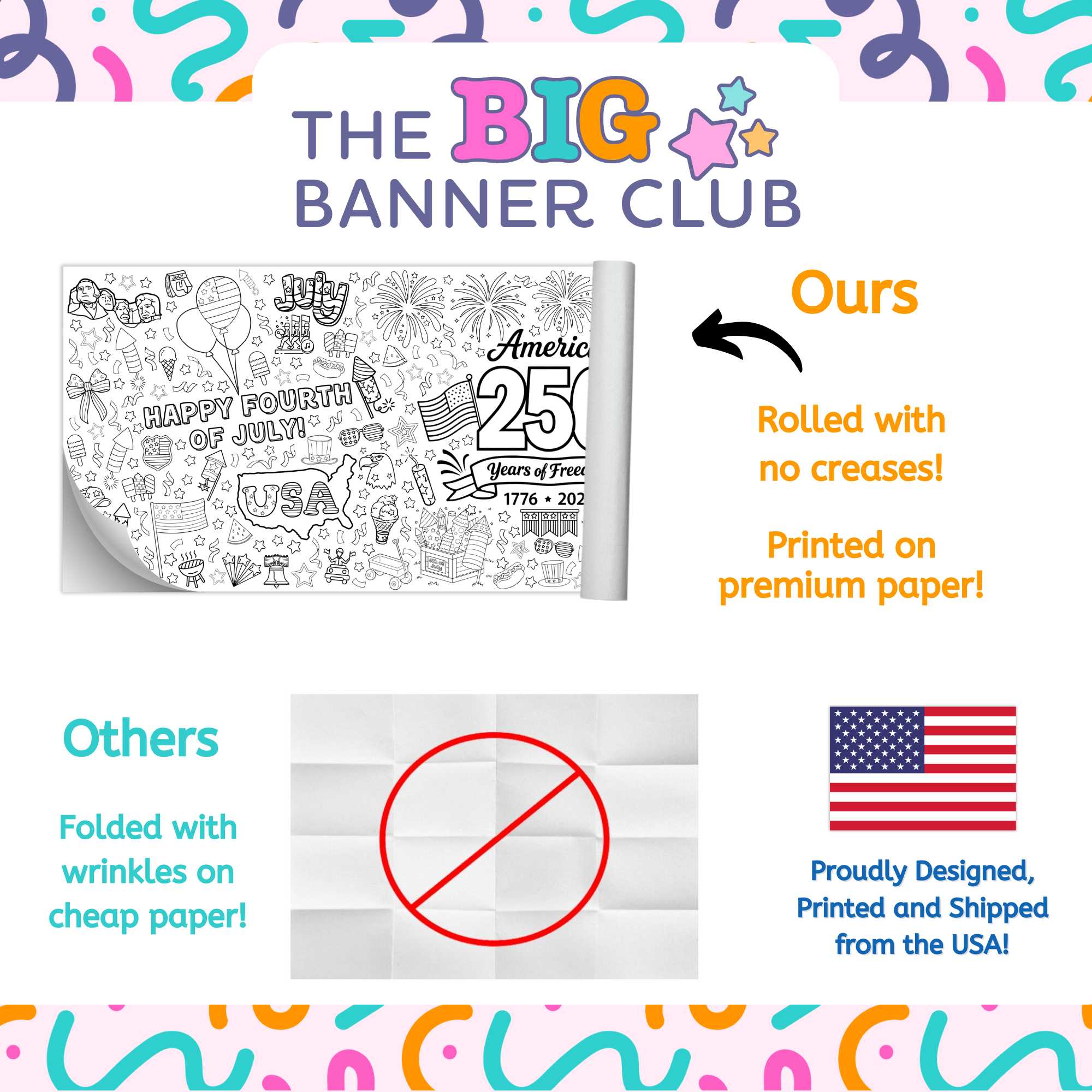 4th of July coloring banner, America 250 celebration ideas, patriotic kids activity, Independence Day party decor, giant coloring poster, USA birthday 250, July 4th family activities, patriotic coloring activity, classroom July 4th craft, large coloring banner kids