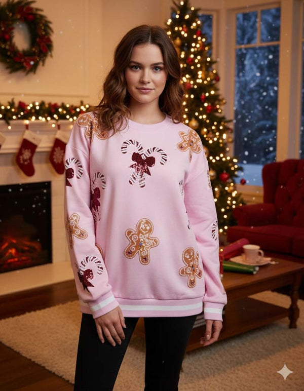 Women's Sequin Candy Cane Round Neck Slit Sweatshirt - Christmas Holiday Pullover