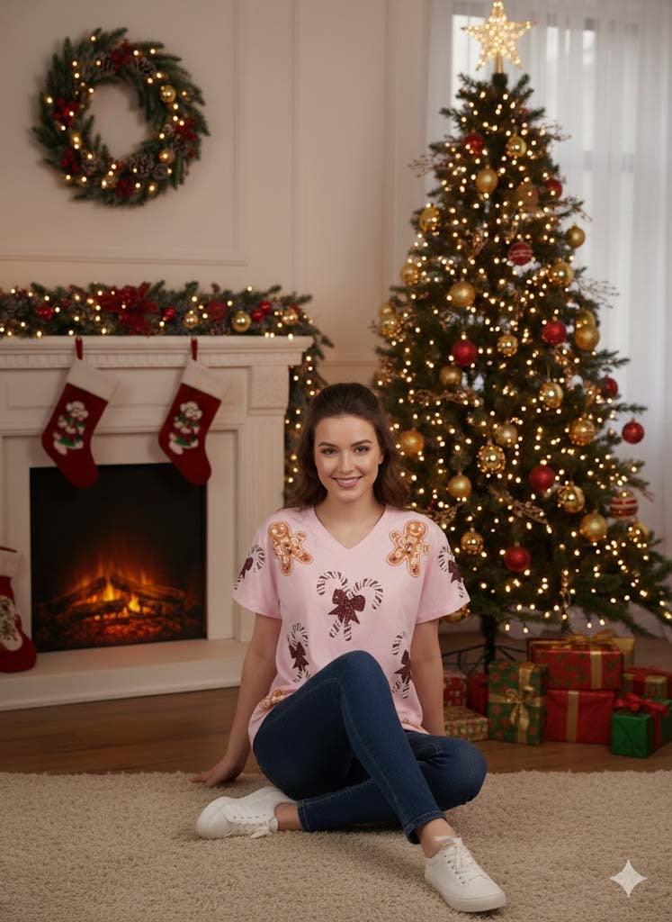 Sequin Christmas festive attire, gingerbread and candy cane, festive t-shirt