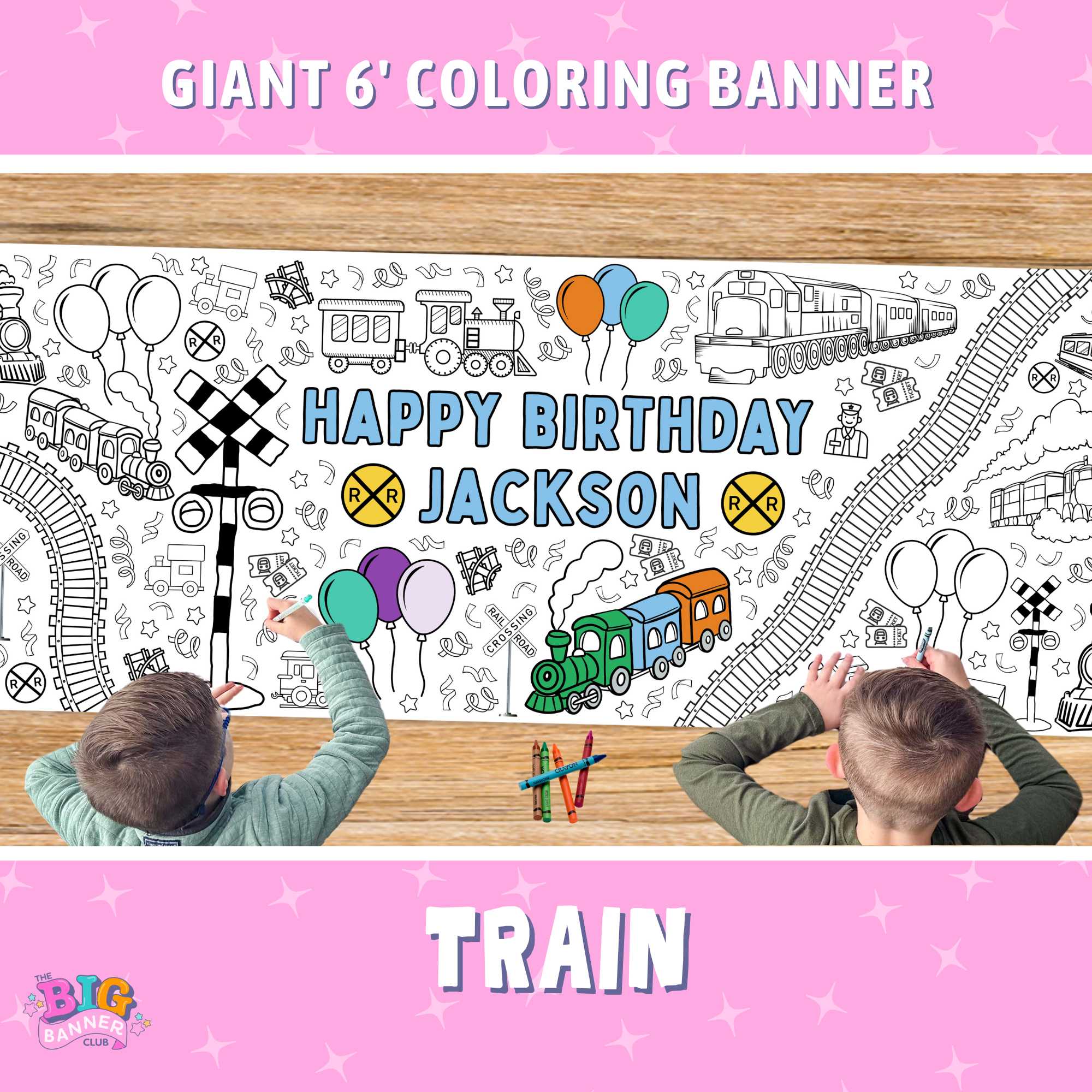 Giant coloring banner, trained themed coloring banner, birthday party decoration, classroom activity, paper tablecloth, paper table runner, kids activity, jumbo, personalize with name, customize, trains, locomotives, train tracks, railroad crossing, Thomas the tank engine, Thomas and friends
