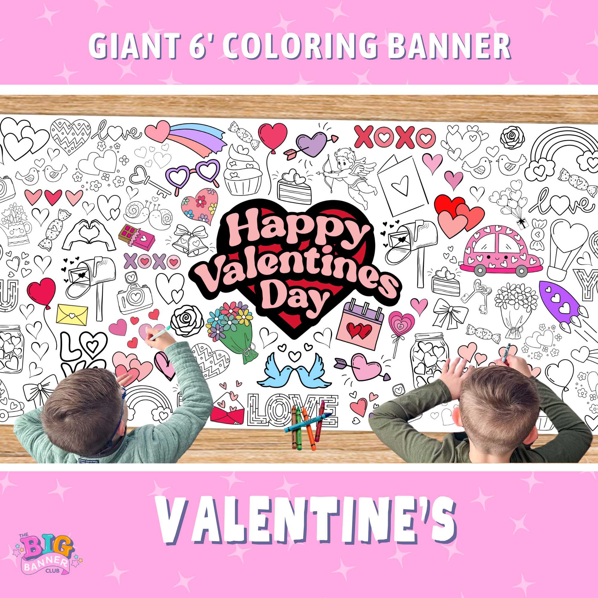 valentine party decoration coloring banner giant crayon paper tablecloth table runner kids happy valentine's day activity