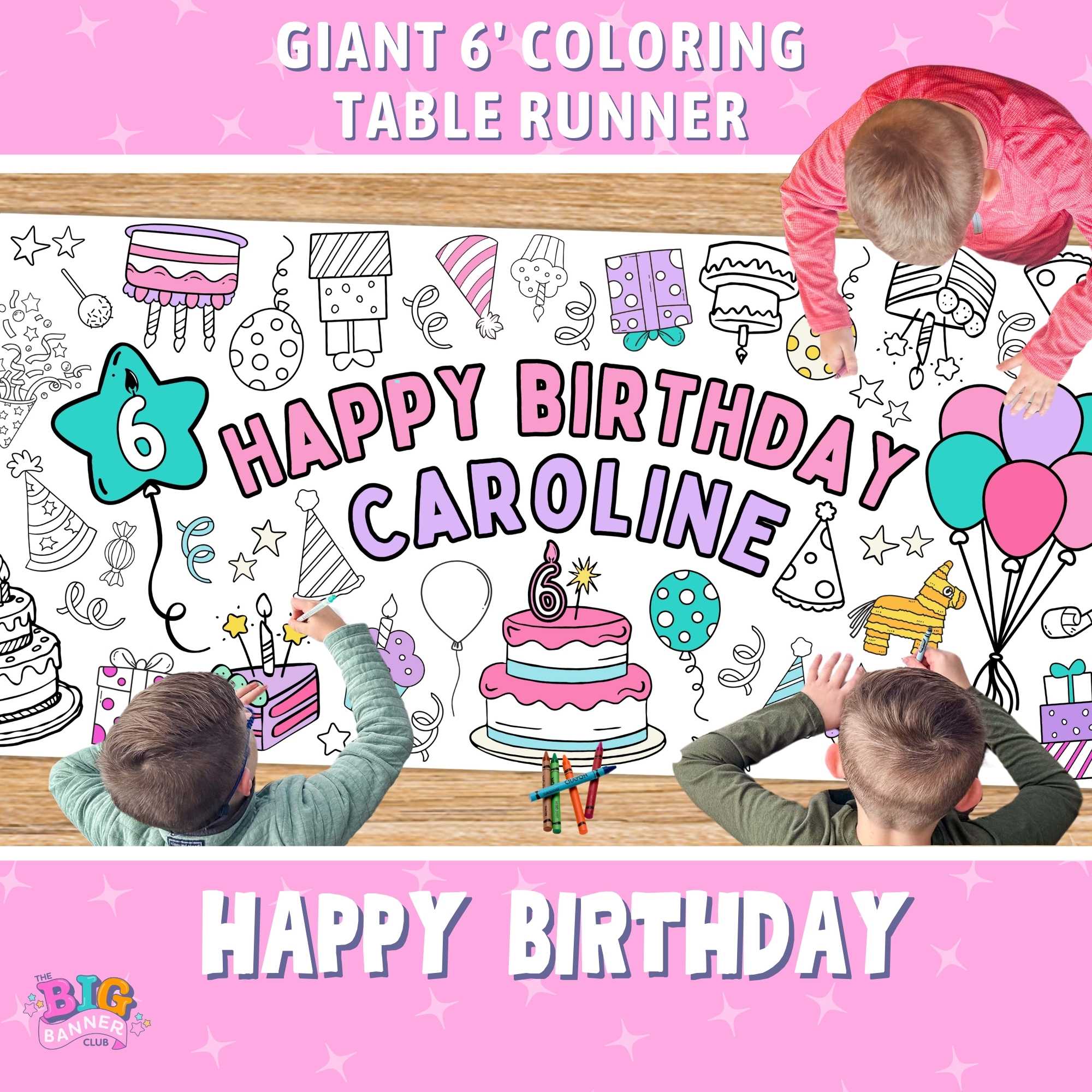 birthday party decoration tablecloth personalize coloring banner giant custom customized crayon marker pencils balloons cake cupcakes birthday party paper table runner