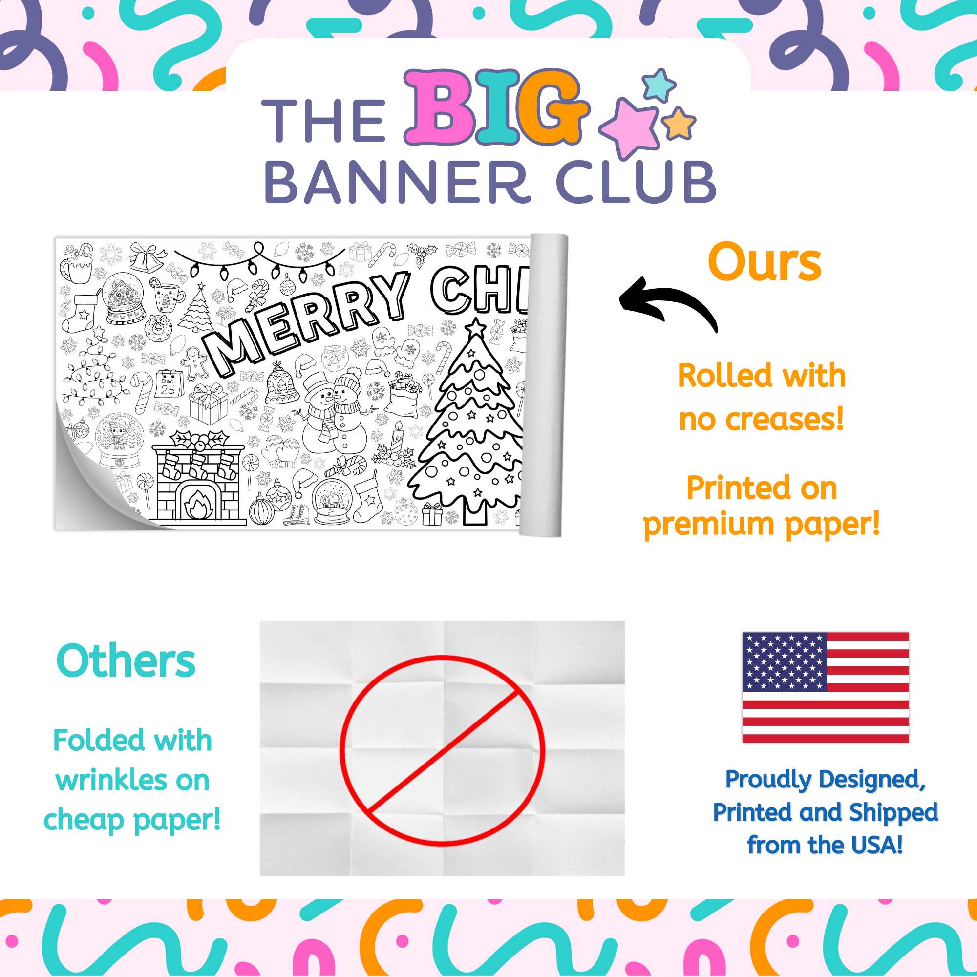 christmas, giant coloring banner, large paper tablecloth, paper table runner, merry christmas, santa, reindeer, christmas tree, snowman, snowflak, Christmas-themed designs and children interacting with it.