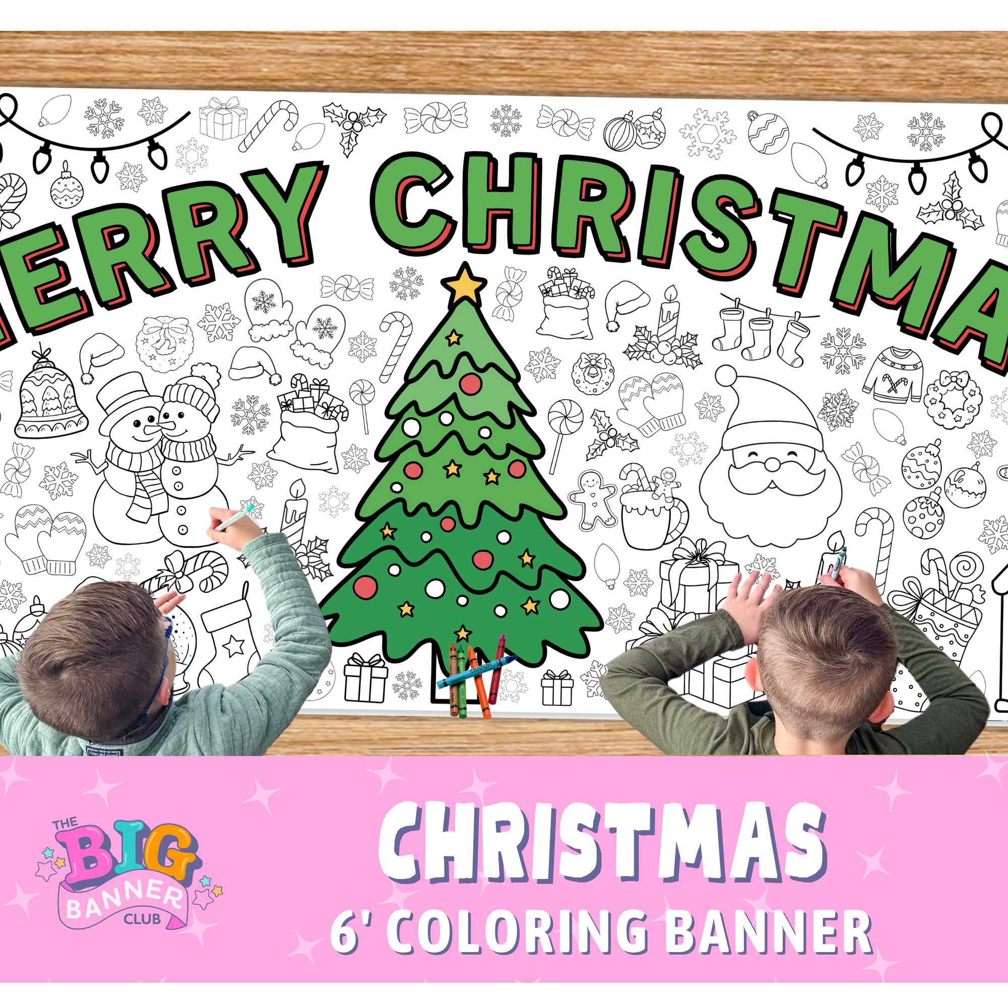 christmas, giant coloring banner, large paper tablecloth, paper table runner, merry christmas, santa, reindeer, christmas tree, snowman, snowflak, Christmas-themed designs and children interacting with it.