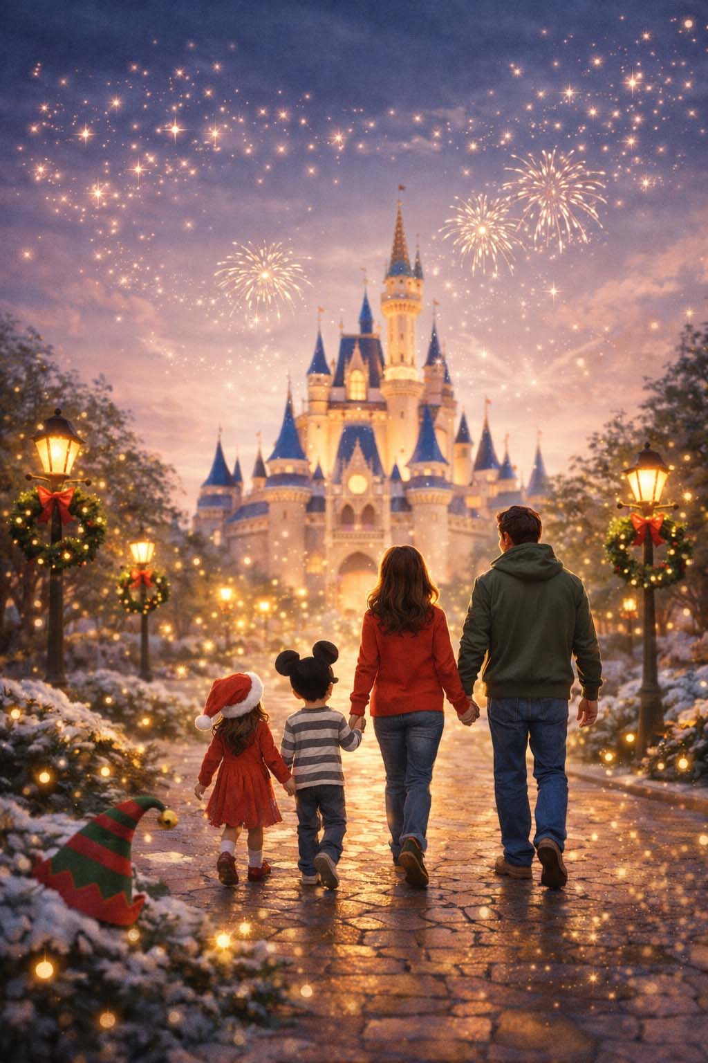 Disney World Travel Planner, Vacation Planner, Orlando Florida, Universal, Disneyland, Disney Cruise Travel Planner, Family walking towards a Disney castle with fireworks in the background
