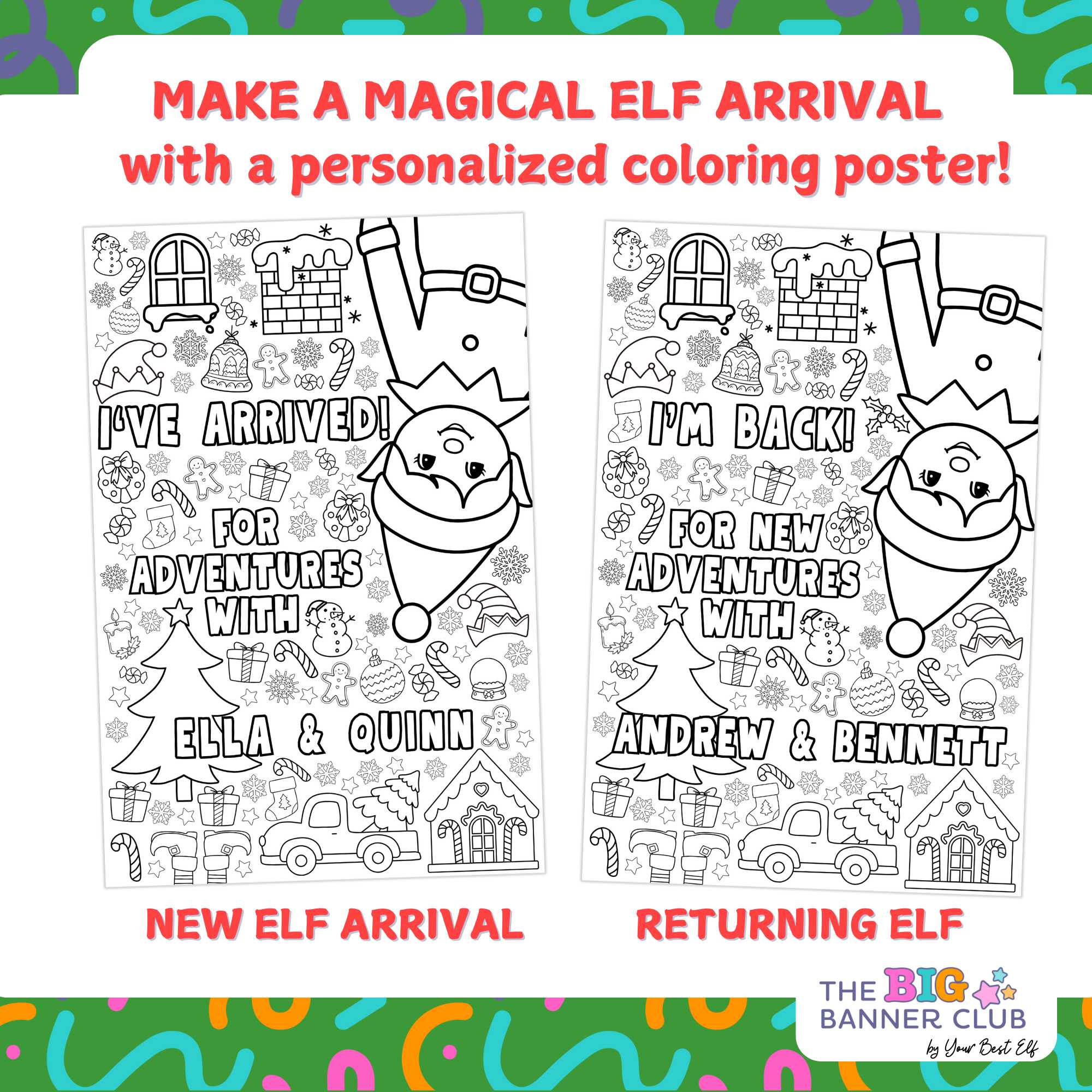 elf arrival ideas, elf arrival banner, elf on the shelf, elf on the shelf arrival banner, elf banners, elf welcome back coloring banner, giant coloring sheet, giant coloring banner, big ideas for elf arrival, grand entrance kids activity, welcome back elf arrival banner, elf kit, two coloring banner poster options