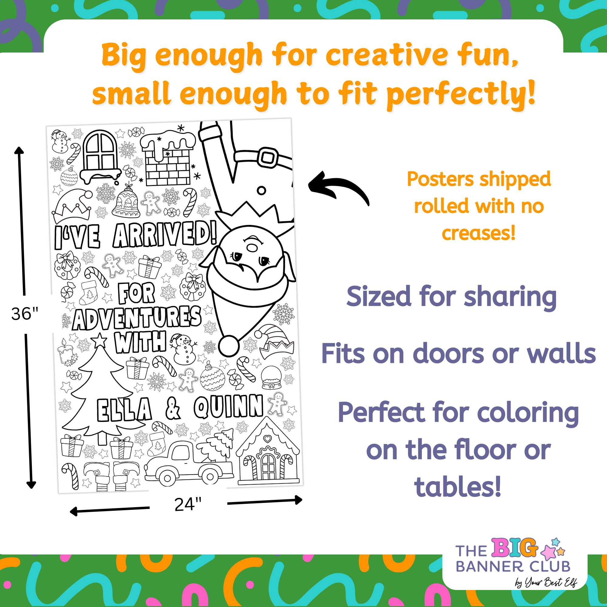elf arrival ideas, elf arrival banner, elf on the shelf, elf on the shelf arrival banner, elf banners, elf welcome back coloring banner, giant coloring sheet, giant coloring banner, big ideas for elf arrival, grand entrance kids activity, welcome back elf arrival banner, elf kit, rolled coloring banners