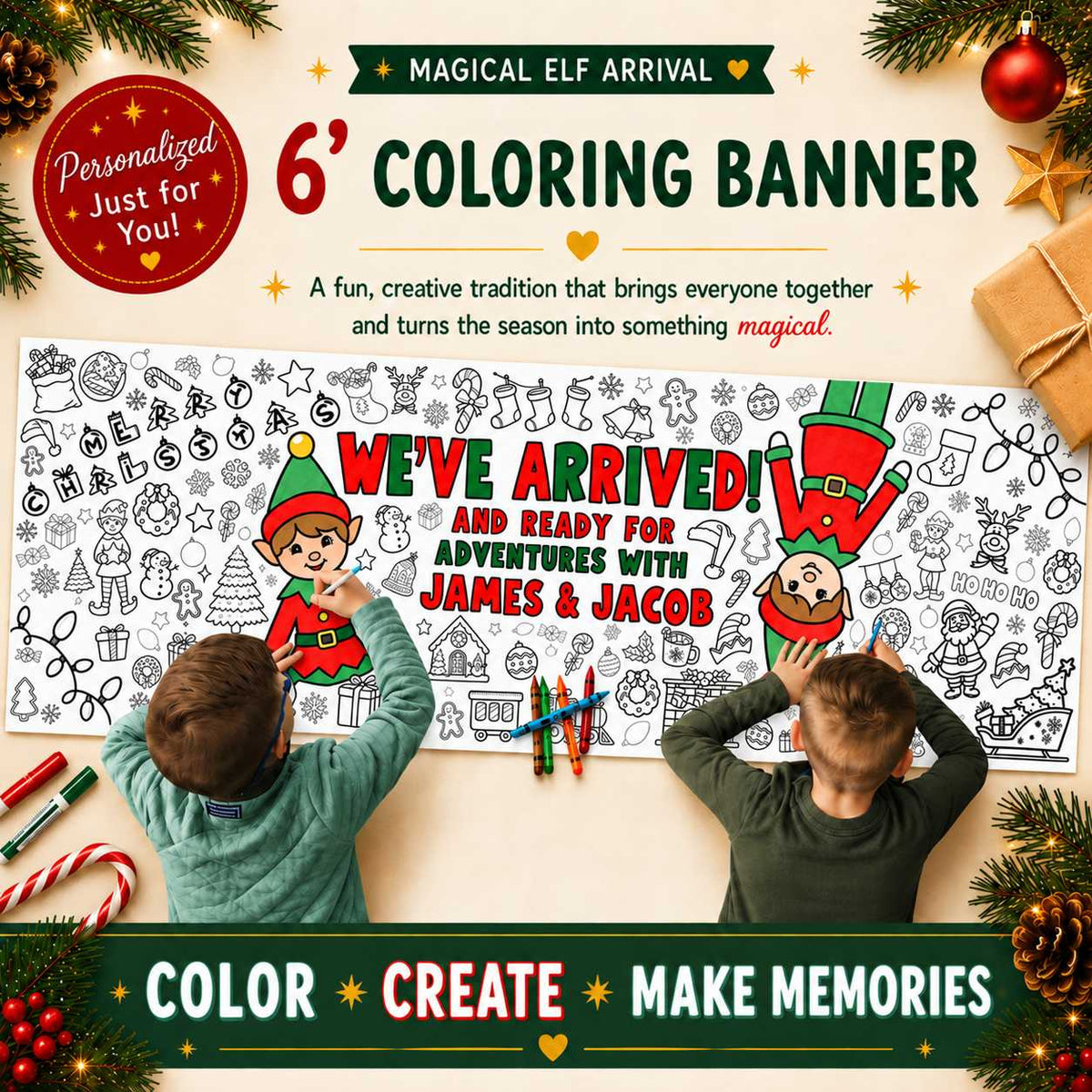 Personalized Giant Elf Arrival Coloring Banner