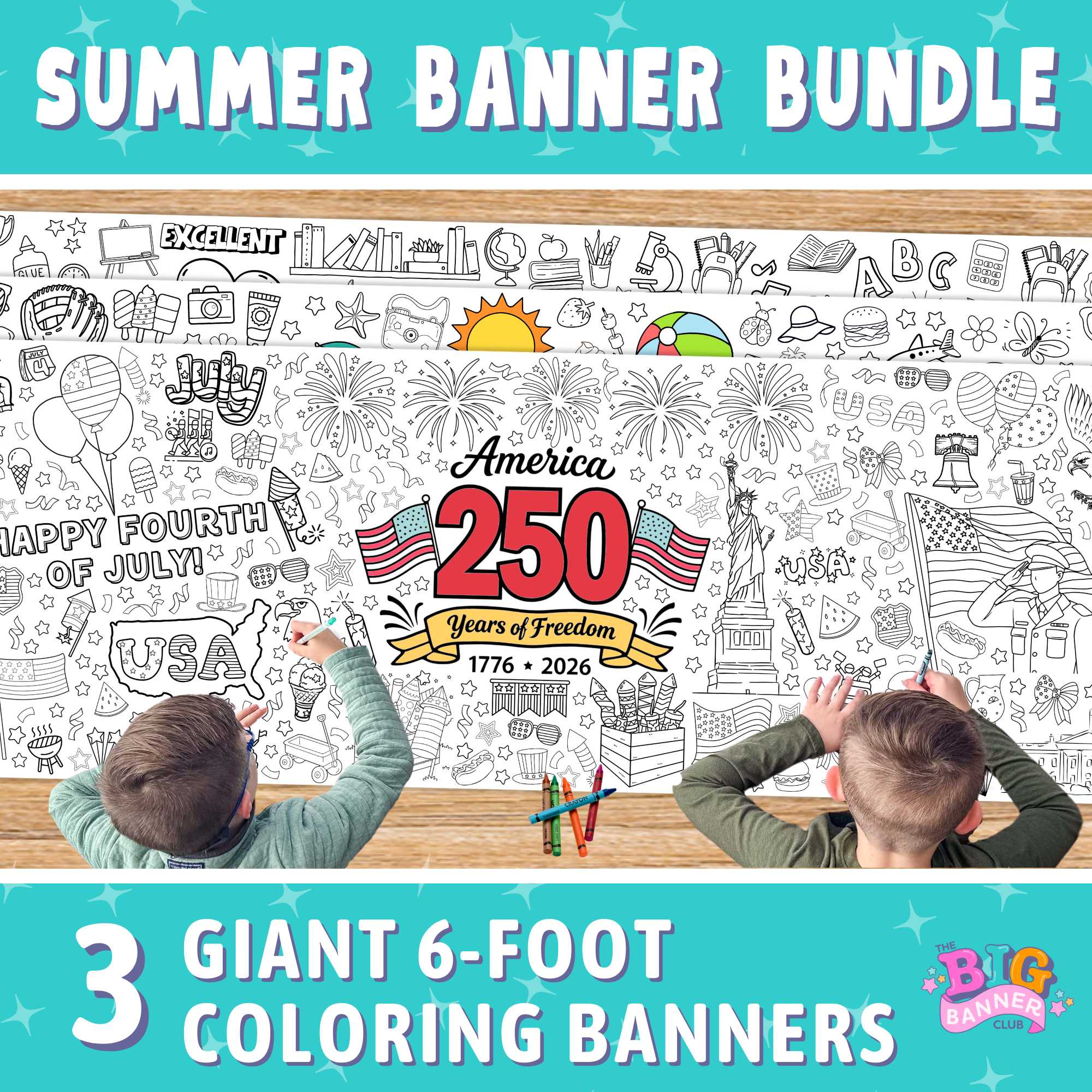 Summer Coloring Banner Bundle | July 4th 250th Anniversary | Back to School | Kids Activity