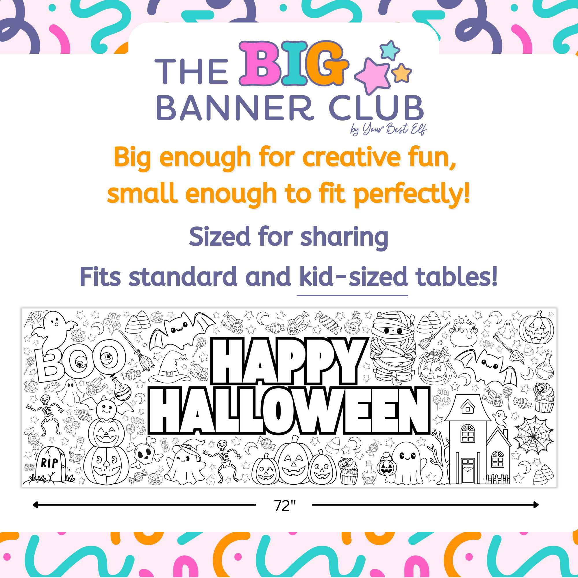 Halloween, giant coloring banner, large paper tablecloth, table runner, happy Halloween, pumpkin, ghosts, witches, Jackola tern, Halloween-themed banner with colorful border and text about size and use.