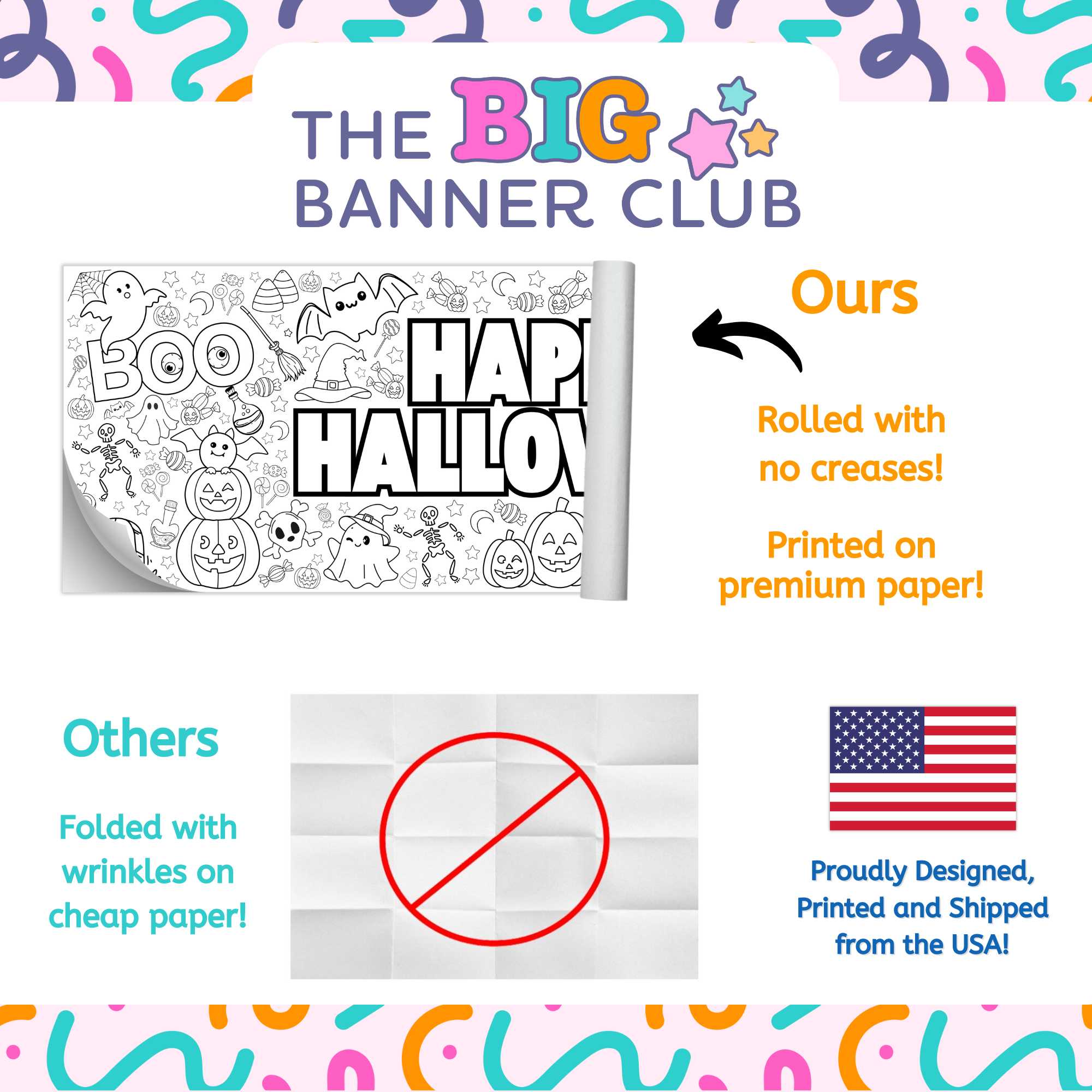 Halloween, giant coloring banner, large paper tablecloth, table runner, happy Halloween, pumpkin, ghosts, witches, Jackola tern, Halloween-themed coloring banner with children interacting with it, featuring pumpkins, ghosts, and a mummy. Promotional graphic for The Big Banner Club with a Halloween-themed banner and comparison text.